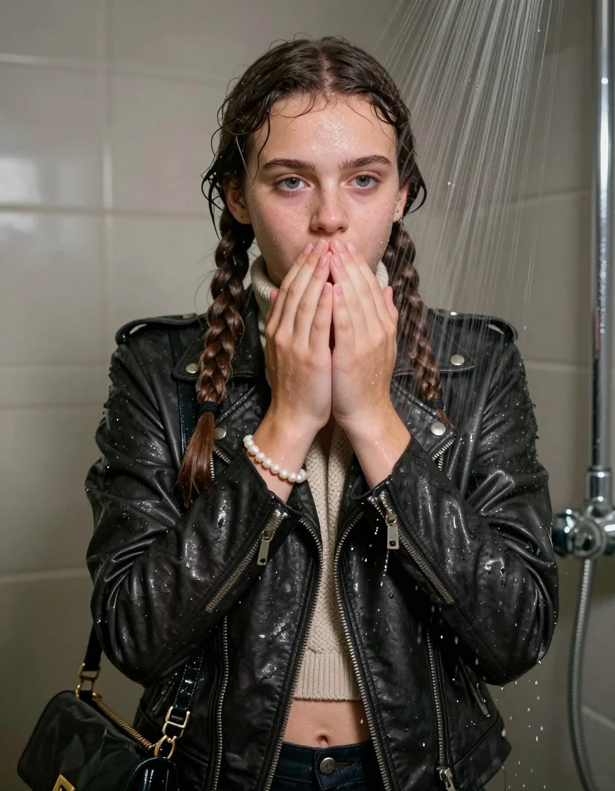 photo of young woman, in soaking wet, drenched clothes,
, , Biker leatherjacket, knit turtleneck sweater belly free, handbag, pearl necklace, bracelet, wristwatch, Under the shower, strong jet of water, party room, 
enjoying, wet clothes stuck to body,
detailed textures of the wet clothes, wet face, wet plastered hair,
wet, drenched, professional, high-quality details, full body view.
sharp focus, ultra-high pixel detail, realistic, high-quality, full colors, incredibly detailed, 4k, 8k, 16k, hyper-realistic, RAW photo, masterpiece, ultra-detailed, professionally color graded, professional photograph, Two long braids 

 15 years old  school girl

Only head and shoulders are over the surface visible. Open mouth, big eyes. Looking down. Hold her hands on her mouth.

The girls wear different clothes.

she is completely underwater up to her neck, surprised and astonished expression. 

her clothing is soaking wet and clinging tightly to her skin, showing heavy wet folds, darkened fabric texture, and deep water-saturated Patches, her clothes are heavy from the water, water runs from her body and her clothes in streams. A lot of water also runs out of her clothes. Her clothes are darkened by the water. Her submerged clothes are good visible under the water.  she soaked her handbag into the water.

close up view, wet skin, wet clothes, wet hair, damp fabric, water runs down the clothes, wet skin, wet clothes, damp fabric. cinematic medium shot, hyper-realistic wetness, high-contrast water sheen, sharp focus, 16k resolution, professional photography, realistic water physics., wet skin, wet clothes, damp fabric, wet skin, wet clothes, damp fabric, wet skin, wet clothes, damp fabric, wet skin, wet clothes, damp fabric, wet skin, wet clothes, damp fabric