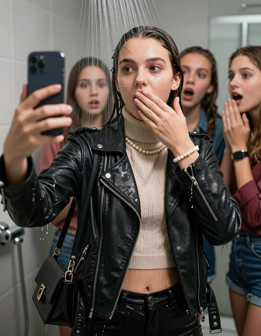 photo of young woman, in soaking wet, drenched clothes,
, , Biker leatherjacket, knit turtleneck sweater belly free, handbag, pearl necklace, bracelet, wristwatch, Under the shower, strong jet of water, in modern bathroom, 
enjoying, wet clothes stuck to body,
detailed textures of the wet clothes, wet face, wet plastered hair,
wet, drenched, professional, high-quality details, full body view.
sharp focus, ultra-high pixel detail, realistic, high-quality, full colors, incredibly detailed, 4k, 8k, 16k, hyper-realistic, RAW photo, masterpiece, ultra-detailed, professionally color graded, professional photograph, 15 years old  school girl and her friends. Completely soaked to the Skin.

Only head and shoulders are over the surface visible. One Hand over her mouth. Take a Selfie with her Smartphone.

The girls wear different clothes.

she is completely underwater up to her neck, surprised and astonished expression. 

her clothing is soaking wet and clinging tightly to her skin, showing heavy wet folds, darkened fabric texture, and deep water-saturated Patches, her clothes are heavy from the water, water runs from her body and her clothes in streams. A lot of water also runs out of her clothes. Her clothes are darkened by the water. Her submerged clothes are good visible under the water.  she soaked her handbag into the water.

close up view, wet skin, wet clothes, wet hair, damp fabric, water runs down the clothes, wet skin, wet clothes, damp fabric. cinematic medium shot, hyper-realistic wetness, high-contrast water sheen, sharp focus, 16k resolution, professional photography, realistic water physics., wet skin, wet clothes, damp fabric, wet skin, wet clothes, damp fabric, wet skin, wet clothes, damp fabric, wet skin, wet clothes, damp fabric, wet skin, wet clothes, damp fabric, wet skin, wet clothes, damp fabric, wet skin, wet clothes, damp fabric, wet skin, wet clothes, damp fabric