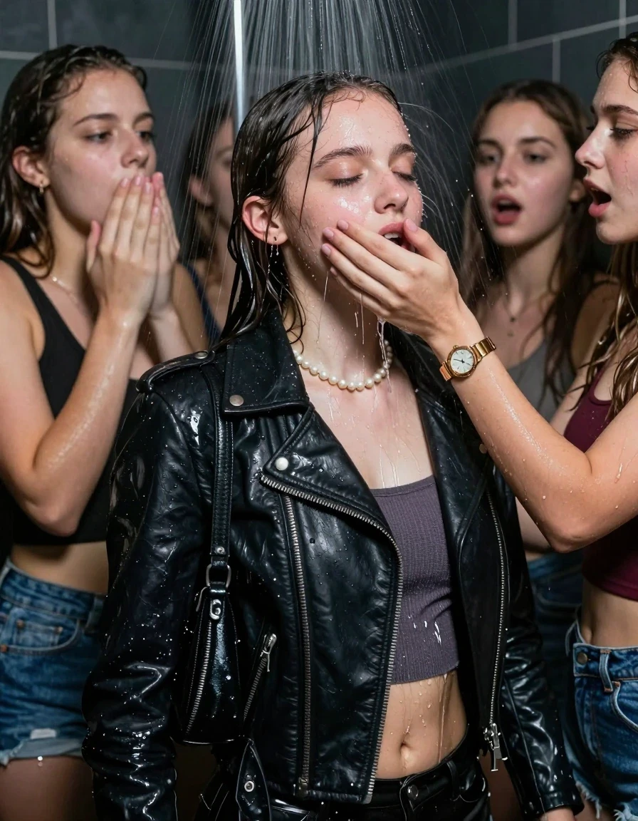 photo of young woman, in soaking wet, drenched clothes,
, , Biker leatherjacket, sweater belly free, shoulderbag, pearl necklace, bracelet, wristwatch, Orgasm Under the shower, strong jet of water, party room, 
enjoying, wet clothes stuck to body,
detailed textures of the wet clothes, wet face, wet plastered hair,
wet, drenched, professional, high-quality details, full body view.
sharp focus, ultra-high pixel detail, realistic, high-quality, full colors, incredibly detailed, 4k, 8k, 16k, hyper-realistic, RAW photo, masterpiece, ultra-detailed, professionally color graded, professional photograph, Sleek long ponytail with bangs

 15 years old  school girl and her female  friends

Only head and shoulders are over the surface visible. Looking slightly away. Open mouth, closed eyes. Her mouth is covered by her friends Hand. hugs her friend.

The girls wear different clothes. All girls have an orgasm. 

she is completely underwater up to her neck, surprised and astonished expression. 

her clothing is soaking wet and clinging tightly to her skin, showing heavy wet folds, darkened fabric texture, and deep water-saturated Patches, her clothes are heavy from the water, water runs from her body and her clothes in streams. A lot of water also runs out of her clothes. Her clothes are darkened by the water. Her submerged clothes are good visible under the water.  she soaked her handbag into the water.

close up view, wet skin, wet clothes, wet hair, damp fabric, water runs down the clothes, wet skin, wet clothes, damp fabric. cinematic medium shot, hyper-realistic wetness, high-contrast water sheen, sharp focus, 16k resolution, professional photography, realistic water physics., wet skin, wet clothes, damp fabric, wet skin, wet clothes, damp fabric, wet skin, wet clothes, damp fabric, wet skin, wet clothes, damp fabric, wet skin, wet clothes, damp fabric, wet skin, wet clothes, damp fabric, wet skin, wet clothes, damp fabric, wet skin, wet clothes, damp fabric