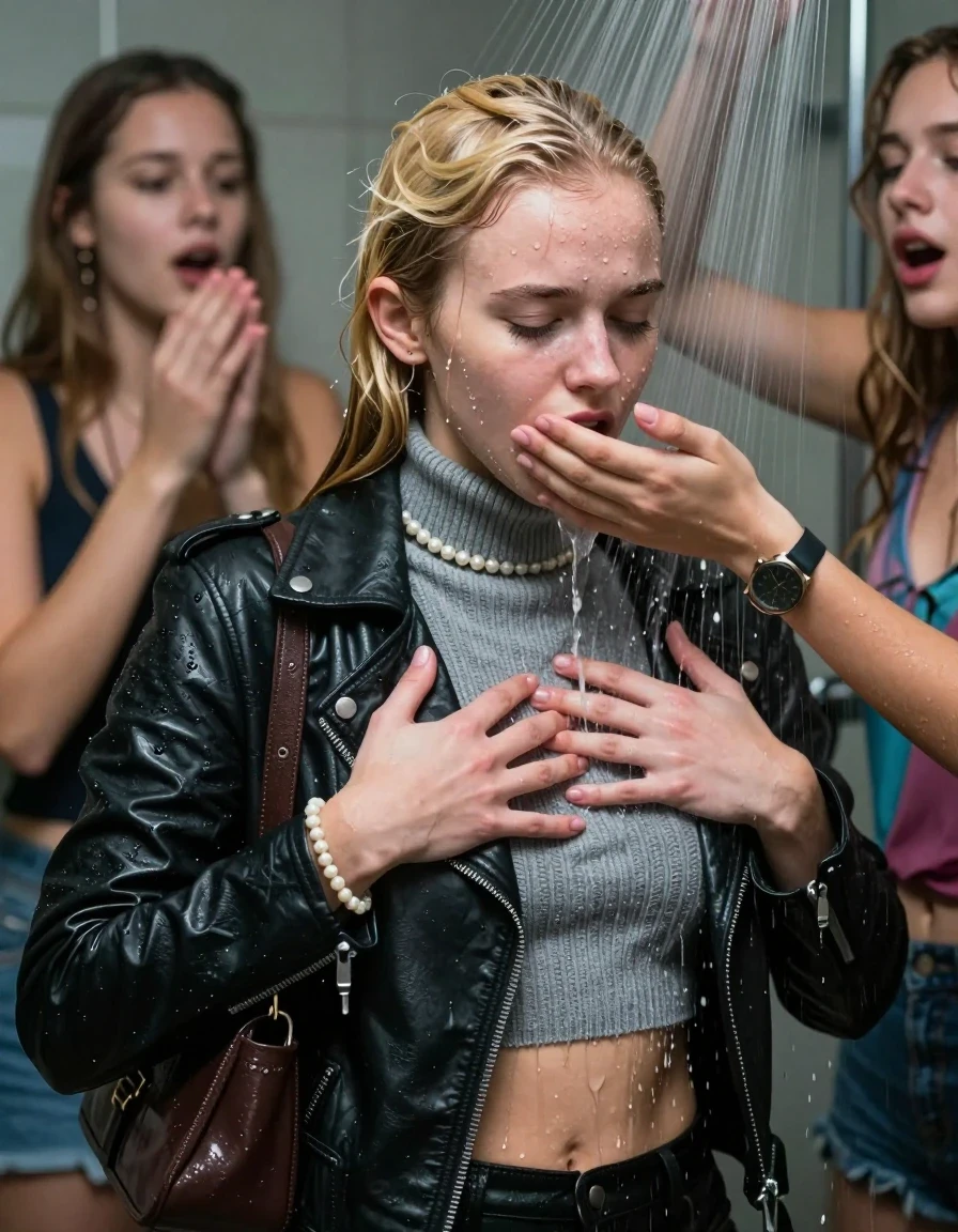 photo of young woman, in soaking wet, drenched clothes,
, , Biker leatherjacket, grey knit turtleneck sweater belly free, shoulderbag, pearl necklace, bracelet, wristwatch, Orgasm Under the shower, strong jet of water, party room, 
enjoying, wet clothes stuck to body,
detailed textures of the wet clothes, wet face, wet plastered hair,
wet, drenched, professional, high-quality details, full body view.
sharp focus, ultra-high pixel detail, realistic, high-quality, full colors, incredibly detailed, 4k, 8k, 16k, hyper-realistic, RAW photo, masterpiece, ultra-detailed, professionally color graded, professional photograph, Blonde Sleek long ponytail with bangs

 15 years old  school girl and her female  friends
Looking down slightly away. Moaning. Open mouth, closed eyes. Hands on her breast. Her mouth is covered by her friends Hand.

The girls wear different clothes.

she is completely underwater up to her neck, surprised and astonished expression. 

her clothing is soaking wet and clinging tightly to her skin, showing heavy wet folds, darkened fabric texture, and deep water-saturated Patches, her clothes are heavy from the water, water runs from her body and her clothes in streams. A lot of water also runs out of her clothes. Her clothes are darkened by the water. Her submerged clothes are good visible under the water.  she soaked her handbag into the water.

close up view, wet skin, wet clothes, wet hair, damp fabric, water runs down the clothes, wet skin, wet clothes, damp fabric. cinematic medium shot, hyper-realistic wetness, high-contrast water sheen, sharp focus, 16k resolution, professional photography, realistic water physics., wet skin, wet clothes, damp fabric, wet skin, wet clothes, damp fabric, wet skin, wet clothes, damp fabric, wet skin, wet clothes, damp fabric, wet skin, wet clothes, damp fabric, wet skin, wet clothes, damp fabric, wet skin, wet clothes, damp fabric