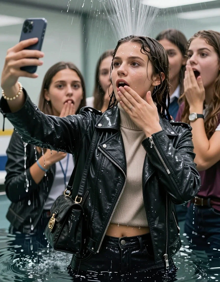 photo of young woman, in soaking wet, drenched clothes,
, , Biker leatherjacket, knit turtleneck sweater belly free, handbag, pearl necklace, bracelet, wristwatch, Under the sprinkler at office, strong jet of water, 
enjoying, wet clothes stuck to body,
detailed textures of the wet clothes, wet face, wet plastered hair,
wet, drenched, professional, high-quality details, full body view.
sharp focus, ultra-high pixel detail, realistic, high-quality, full colors, incredibly detailed, 4k, 8k, 16k, hyper-realistic, RAW photo, masterpiece, ultra-detailed, professionally color graded, professional photograph, 15 years old  school girl and her friends. Completely soaked to the Skin.

Only head and shoulders are over the surface visible. One Hand Covers her friends mouth. Take a Selfie with her Smartphone.

The girls wear different clothes.

she is completely underwater up to her neck, surprised and astonished expression. 

her clothing is soaking wet and clinging tightly to her skin, showing heavy wet folds, darkened fabric texture, and deep water-saturated Patches, her clothes are heavy from the water, water runs from her body and her clothes in streams. A lot of water also runs out of her clothes. Her clothes are darkened by the water. Her submerged clothes are good visible under the water.  she soaked her handbag into the water.

close up view, wet skin, wet clothes, wet hair, damp fabric, water runs down the clothes, wet skin, wet clothes, damp fabric. cinematic medium shot, hyper-realistic wetness, high-contrast water sheen, sharp focus, 16k resolution, professional photography, realistic water physics., wet skin, wet clothes, damp fabric, wet skin, wet clothes, damp fabric, wet skin, wet clothes, damp fabric, wet skin, wet clothes, damp fabric, wet skin, wet clothes, damp fabric, wet skin, wet clothes, damp fabric, wet skin, wet clothes, damp fabric