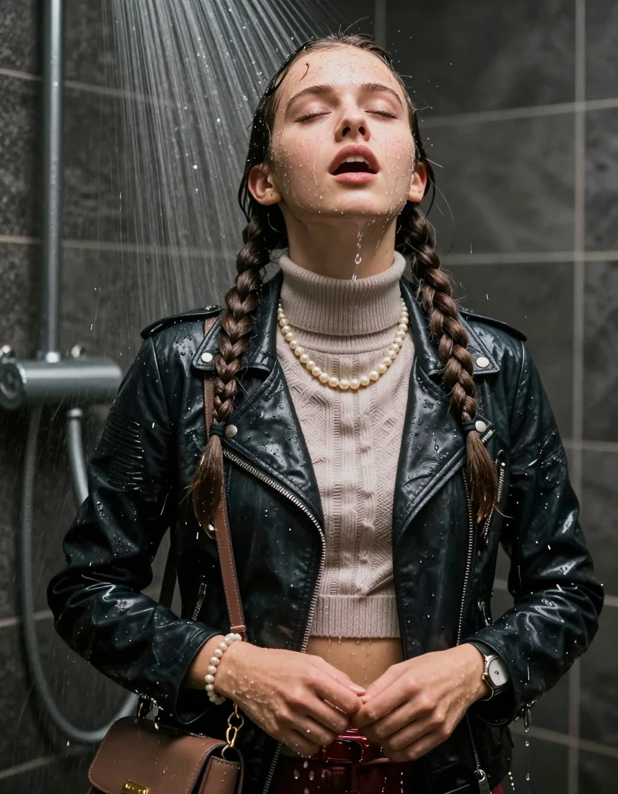 photo of young woman, in soaking wet, drenched clothes,
, , Biker leatherjacket, knit turtleneck sweater belly free, handbag, pearl necklace, bracelet, wristwatch, Under the shower, strong jet of water, party room, 
enjoying, wet clothes stuck to body,
detailed textures of the wet clothes, wet face, wet plastered hair,
wet, drenched, professional, high-quality details, full body view.
sharp focus, ultra-high pixel detail, realistic, high-quality, full colors, incredibly detailed, 4k, 8k, 16k, hyper-realistic, RAW photo, masterpiece, ultra-detailed, professionally color graded, professional photograph, Two long braids 

 15 years old  school girl

Only head and shoulders are over the surface visible. Open mouth, closed eyes. Looking up. Hands down. 

The girls wear different clothes.

she is completely underwater up to her neck, surprised and astonished expression. 

her clothing is soaking wet and clinging tightly to her skin, showing heavy wet folds, darkened fabric texture, and deep water-saturated Patches, her clothes are heavy from the water, water runs from her body and her clothes in streams. A lot of water also runs out of her clothes. Her clothes are darkened by the water. Her submerged clothes are good visible under the water.  she soaked her handbag into the water.

close up view, wet skin, wet clothes, wet hair, damp fabric, water runs down the clothes, wet skin, wet clothes, damp fabric. cinematic medium shot, hyper-realistic wetness, high-contrast water sheen, sharp focus, 16k resolution, professional photography, realistic water physics., wet skin, wet clothes, damp fabric, wet skin, wet clothes, damp fabric, wet skin, wet clothes, damp fabric, wet skin, wet clothes, damp fabric, wet skin, wet clothes, damp fabric