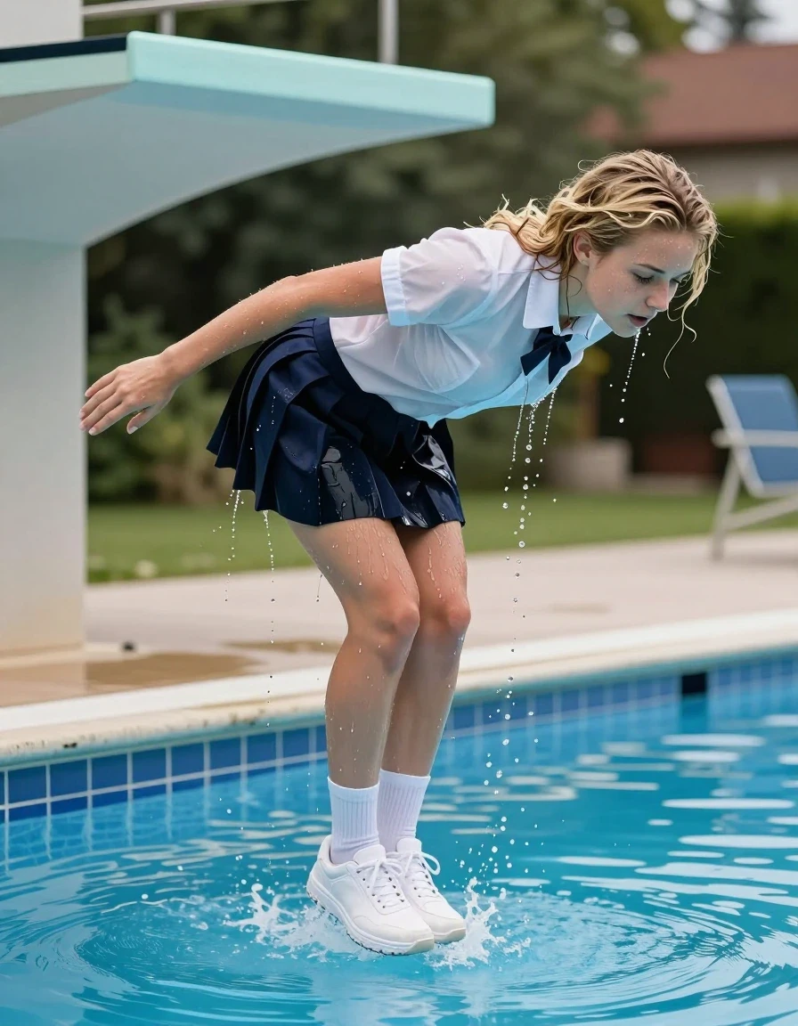 photo of young woman, in soaking wet, drenched clothes,
white sneakers and white kneesocks, School uniform shortskirt, school uniform with a white blouse, no bra, communal swimming pool outdoor, 
enjoying, wet clothes stuck to body,
detailed textures of the wet clothes, wet face, wet plastered hair,
wet, drenched, professional, high-quality details, full body view.
sharp focus, ultra-high pixel detail, realistic, high-quality, full colors, incredibly detailed, 4k, 8k, 16k, hyper-realistic, RAW photo, masterpiece, ultra-detailed, professionally color graded, professional photograph, show a girl jump into the water from the 5 meter high springtower of an public pool,  show the moment just before she dives into the water. the women is 25 years old has blond hair and big breasts. her cothes are completly dreched and the water is runnning down her wet clothes, wet skin, wet clothes, damp fabric