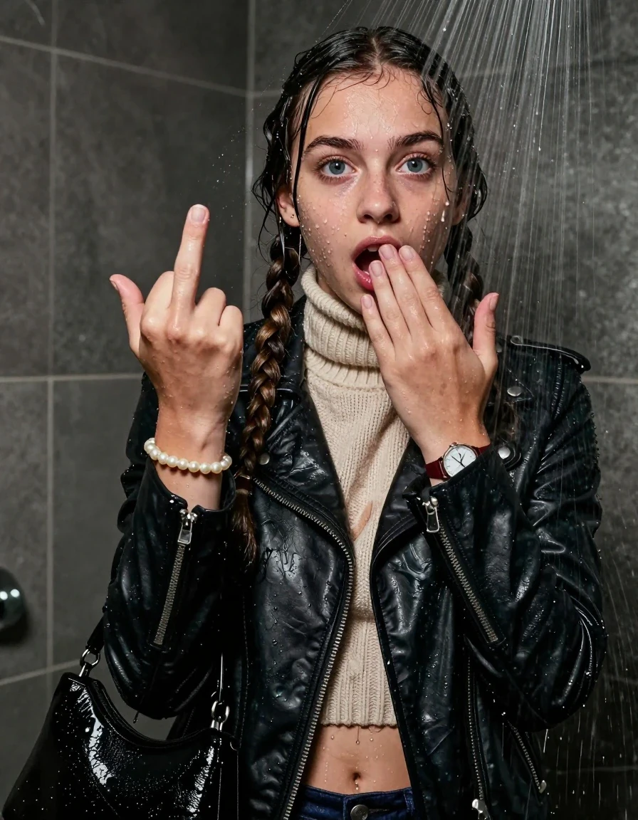 photo of young woman, in soaking wet, drenched clothes,
, , Biker leatherjacket, knit turtleneck sweater belly free, handbag, pearl necklace, bracelet, wristwatch, Under the shower, strong jet of water, party room, 
enjoying, wet clothes stuck to body,
detailed textures of the wet clothes, wet face, wet plastered hair,
wet, drenched, professional, high-quality details, full body view.
sharp focus, ultra-high pixel detail, realistic, high-quality, full colors, incredibly detailed, 4k, 8k, 16k, hyper-realistic, RAW photo, masterpiece, ultra-detailed, professionally color graded, professional photograph, Two long braids 

 15 years old  school girl

Only head and shoulders are over the surface visible. Open mouth, big eyes. Looking at Camera. Shows her middle finger with one hand. One Hand on her mouth.

The girls wear different clothes.

she is completely underwater up to her neck, surprised and astonished expression. 

her clothing is soaking wet and clinging tightly to her skin, showing heavy wet folds, darkened fabric texture, and deep water-saturated Patches, her clothes are heavy from the water, water runs from her body and her clothes in streams. A lot of water also runs out of her clothes. Her clothes are darkened by the water. Her submerged clothes are good visible under the water.  she soaked her handbag into the water.

close up view, wet skin, wet clothes, wet hair, damp fabric, water runs down the clothes, wet skin, wet clothes, damp fabric. cinematic medium shot, hyper-realistic wetness, high-contrast water sheen, sharp focus, 16k resolution, professional photography, realistic water physics., wet skin, wet clothes, damp fabric, wet skin, wet clothes, damp fabric, wet skin, wet clothes, damp fabric, wet skin, wet clothes, damp fabric, wet skin, wet clothes, damp fabric