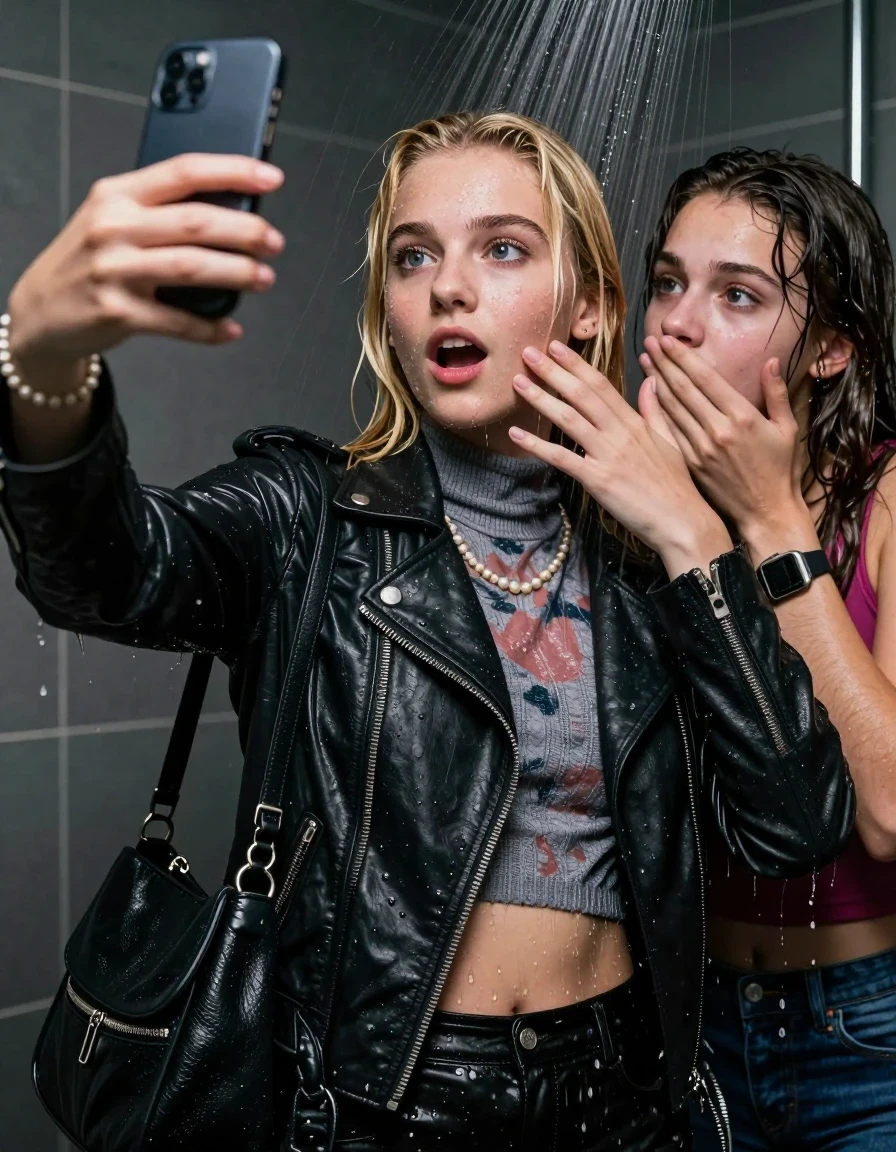 photo of young woman, in soaking wet, drenched clothes,
, , Biker leatherjacket, knit turtleneck sweater belly free, handbag, pearl necklace, bracelet, wristwatch, Under the shower, strong jet of water, party room, 
enjoying, wet clothes stuck to body,
detailed textures of the wet clothes, wet face, wet plastered hair,
wet, drenched, professional, high-quality details, full body view.
sharp focus, ultra-high pixel detail, realistic, high-quality, full colors, incredibly detailed, 4k, 8k, 16k, hyper-realistic, RAW photo, masterpiece, ultra-detailed, professionally color graded, professional photograph, Sleek Blonde Collarbone bob

 15 years old  school girl and her friend

Only head and shoulders are over the surface visible. One Hand Covers her friends mouth. Take a Selfie with her Smartphone.

The girls wear different clothes.

she is completely underwater up to her neck, surprised and astonished expression. 

her clothing is soaking wet and clinging tightly to her skin, showing heavy wet folds, darkened fabric texture, and deep water-saturated Patches, her clothes are heavy from the water, water runs from her body and her clothes in streams. A lot of water also runs out of her clothes. Her clothes are darkened by the water. Her submerged clothes are good visible under the water.  she soaked her handbag into the water.

close up view, wet skin, wet clothes, wet hair, damp fabric, water runs down the clothes, wet skin, wet clothes, damp fabric. cinematic medium shot, hyper-realistic wetness, high-contrast water sheen, sharp focus, 16k resolution, professional photography, realistic water physics., wet skin, wet clothes, damp fabric, wet skin, wet clothes, damp fabric, wet skin, wet clothes, damp fabric, wet skin, wet clothes, damp fabric, wet skin, wet clothes, damp fabric, wet skin, wet clothes, damp fabric, wet skin, wet clothes, damp fabric