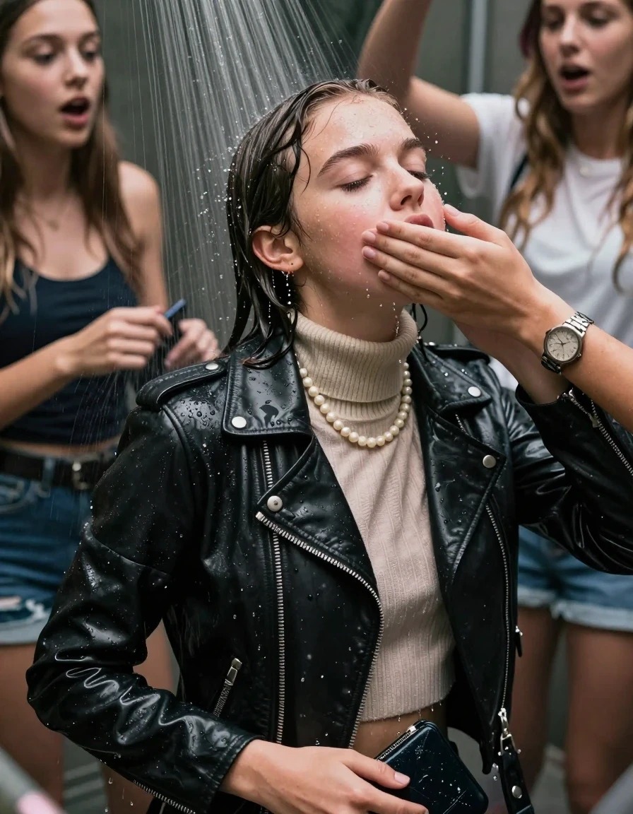 photo of young woman, in soaking wet, drenched clothes,
, , Biker leatherjacket, knit turtleneck sweater belly free, handbag, pearl necklace, bracelet, wristwatch, Under the shower, strong jet of water, party room, 
enjoying, wet clothes stuck to body,
detailed textures of the wet clothes, wet face, wet plastered hair,
wet, drenched, professional, high-quality details, full body view.
sharp focus, ultra-high pixel detail, realistic, high-quality, full colors, incredibly detailed, 4k, 8k, 16k, hyper-realistic, RAW photo, masterpiece, ultra-detailed, professionally color graded, professional photograph, Sleek Collarbone bob

 15 years old  school girl and her friends

Only head and shoulders are over the surface visible. Looking up. Open mouth, closed eyes. Her mouth is covered by her friends Hand.

The girls wear different clothes.

she is completely underwater up to her neck, surprised and astonished expression. 

her clothing is soaking wet and clinging tightly to her skin, showing heavy wet folds, darkened fabric texture, and deep water-saturated Patches, her clothes are heavy from the water, water runs from her body and her clothes in streams. A lot of water also runs out of her clothes. Her clothes are darkened by the water. Her submerged clothes are good visible under the water.  she soaked her handbag into the water.

close up view, wet skin, wet clothes, wet hair, damp fabric, water runs down the clothes, wet skin, wet clothes, damp fabric. cinematic medium shot, hyper-realistic wetness, high-contrast water sheen, sharp focus, 16k resolution, professional photography, realistic water physics., wet skin, wet clothes, damp fabric, wet skin, wet clothes, damp fabric, wet skin, wet clothes, damp fabric, wet skin, wet clothes, damp fabric, wet skin, wet clothes, damp fabric, wet skin, wet clothes, damp fabric