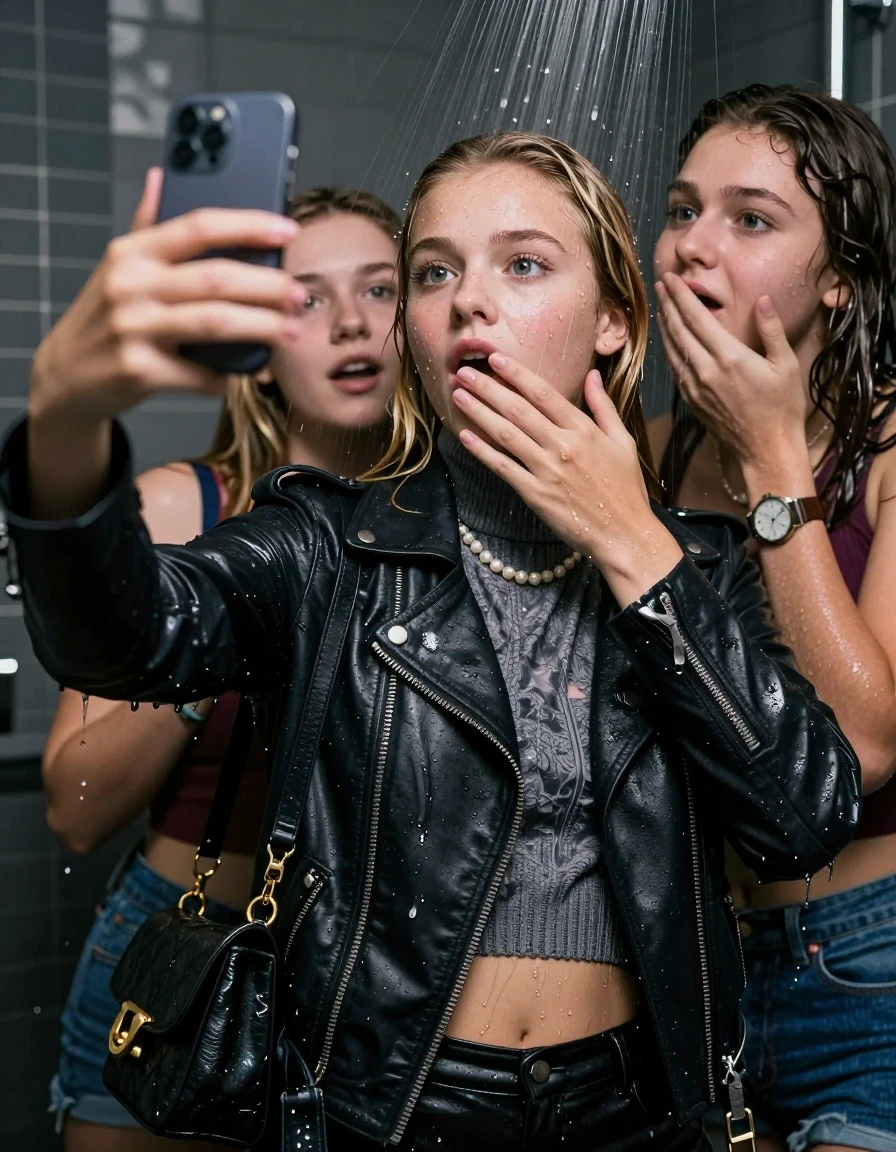 photo of young woman, in soaking wet, drenched clothes,
, , Biker leatherjacket, knit turtleneck sweater belly free, handbag, pearl necklace, bracelet, wristwatch, Under the shower, strong jet of water, party room, 
enjoying, wet clothes stuck to body,
detailed textures of the wet clothes, wet face, wet plastered hair,
wet, drenched, professional, high-quality details, full body view.
sharp focus, ultra-high pixel detail, realistic, high-quality, full colors, incredibly detailed, 4k, 8k, 16k, hyper-realistic, RAW photo, masterpiece, ultra-detailed, professionally color graded, professional photograph, Sleek Blonde Collarbone bob

 15 years old  school girl and her friend

Only head and shoulders are over the surface visible. One Hand Covers her friends mouth. Take a Selfie with her Smartphone.

The girls wear different clothes.

she is completely underwater up to her neck, surprised and astonished expression. 

her clothing is soaking wet and clinging tightly to her skin, showing heavy wet folds, darkened fabric texture, and deep water-saturated Patches, her clothes are heavy from the water, water runs from her body and her clothes in streams. A lot of water also runs out of her clothes. Her clothes are darkened by the water. Her submerged clothes are good visible under the water.  she soaked her handbag into the water.

close up view, wet skin, wet clothes, wet hair, damp fabric, water runs down the clothes, wet skin, wet clothes, damp fabric. cinematic medium shot, hyper-realistic wetness, high-contrast water sheen, sharp focus, 16k resolution, professional photography, realistic water physics., wet skin, wet clothes, damp fabric, wet skin, wet clothes, damp fabric, wet skin, wet clothes, damp fabric, wet skin, wet clothes, damp fabric, wet skin, wet clothes, damp fabric, wet skin, wet clothes, damp fabric, wet skin, wet clothes, damp fabric