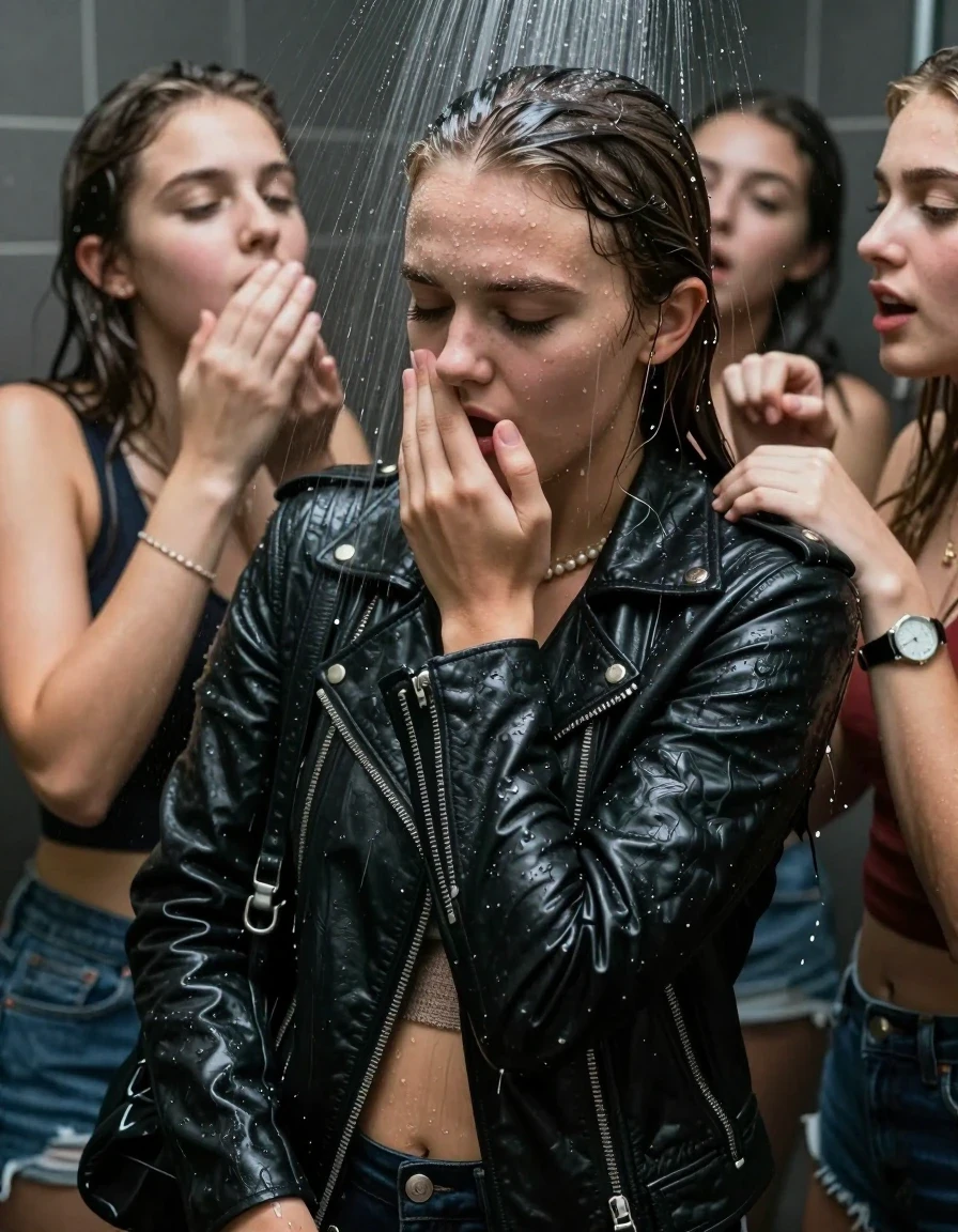 photo of young woman, in soaking wet, drenched clothes,
, , Biker leatherjacket, sweater belly free, shoulderbag, pearl necklace, bracelet, wristwatch, Orgasm Under the shower, strong jet of water, party room, 
enjoying, wet clothes stuck to body,
detailed textures of the wet clothes, wet face, wet plastered hair,
wet, drenched, professional, high-quality details, full body view.
sharp focus, ultra-high pixel detail, realistic, high-quality, full colors, incredibly detailed, 4k, 8k, 16k, hyper-realistic, RAW photo, masterpiece, ultra-detailed, professionally color graded, professional photograph, Sleek long ponytail with bangs

 15 years old  school girl and her female  friends

Only head and shoulders are over the surface visible. Looking down to the side.  closed eyes . Her mouth is covered by her friends Hand. hugs her friend.

The girls wear different clothes. All girls have an orgasm. 

she is completely underwater up to her neck, horny and Strenuous expression. 

her clothing is soaking wet and clinging tightly to her skin, showing heavy wet folds, darkened fabric texture, and deep water-saturated Patches, her clothes are heavy from the water, water runs from her body and her clothes in streams. A lot of water also runs out of her clothes. Her clothes are darkened by the water. Her submerged clothes are good visible under the water.  she soaked her handbag into the water.

close up view, wet skin, wet clothes, wet hair, damp fabric, water runs down the clothes, wet skin, wet clothes, damp fabric. cinematic medium shot, hyper-realistic wetness, high-contrast water sheen, sharp focus, 16k resolution, professional photography, realistic water physics., wet skin, wet clothes, damp fabric, wet skin, wet clothes, damp fabric, wet skin, wet clothes, damp fabric, wet skin, wet clothes, damp fabric, wet skin, wet clothes, damp fabric, wet skin, wet clothes, damp fabric, wet skin, wet clothes, damp fabric, wet skin, wet clothes, damp fabric