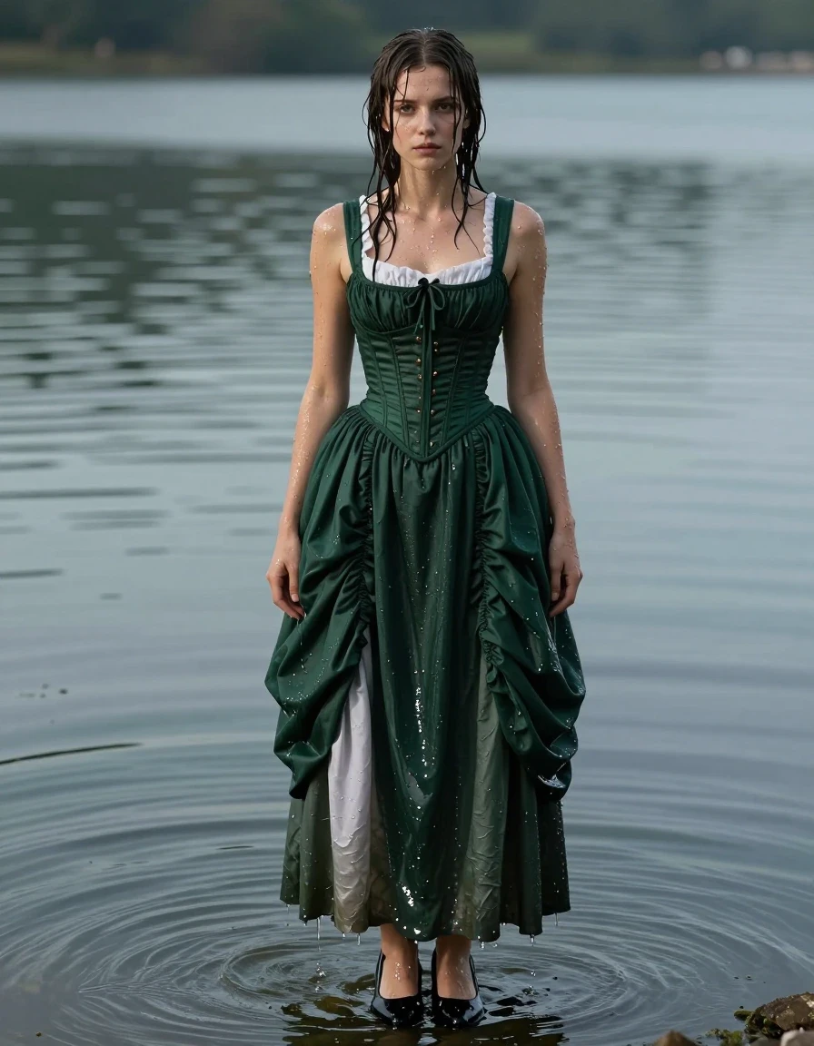A full-body photograph of a young adult European woman standing in a serene lake, completely drenched. She is wearing a structured corset top paired with a dark green long Victorian skirt that is layered over a white underskirt, all garments heavy with absorbed water, clinging to her form, and showing deep, saturated colors with realistic wet fabric texture and heavy folds. She wears sharp black heels that are glistening with water. Her skin and hair are slick and dripping, with water sheen reflecting the ambient light. The scene is set in a calm lake with soft ripples, capturing the subject from a full-body perspective. High-resolution photographic detail, realistic wet-look textures, dramatic lighting emphasizing the wet surfaces, sharp focus, 8k resolution, cinematic atmosphere.