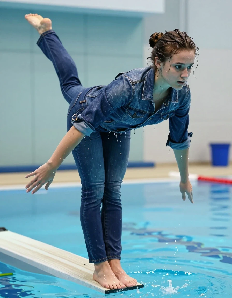 photo of young woman, in soaking wet, drenched clothes,
Bootcut jeans, Jean Jacket short skinny shirt, Pool diving, 
enjoying, wet clothes stuck to body,
detailed textures of the wet clothes, wet face, wet plastered hair,
wet, drenched, professional, high-quality details, full body view.
sharp focus, ultra-high pixel detail, realistic, high-quality, full colors, incredibly detailed, 4k, 8k, 16k, hyper-realistic, RAW photo, masterpiece, ultra-detailed, professionally color graded, professional photograph, Arme ausgestreckt, wet skin, wet clothes, damp fabric