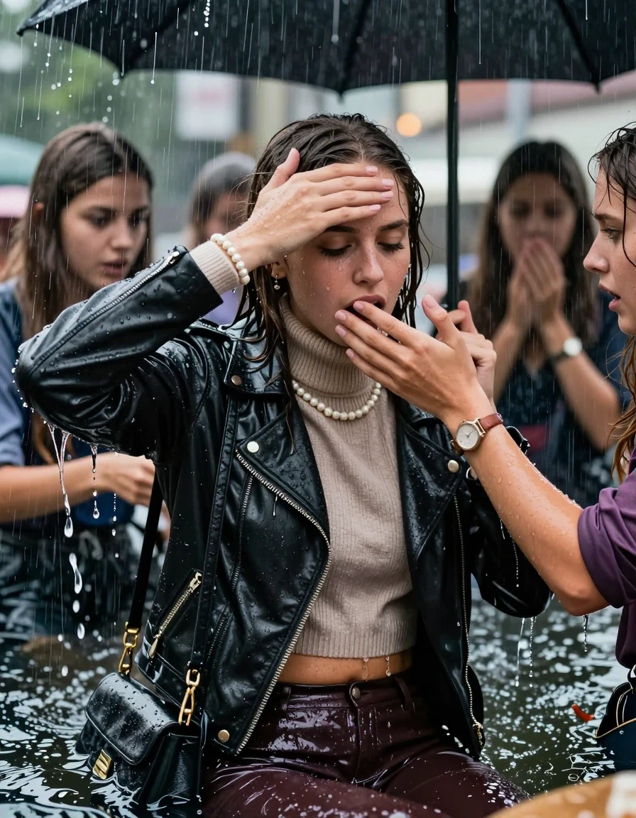 photo of young woman, in soaking wet, drenched clothes,
, , Biker leatherjacket, knit turtleneck sweater belly free, handbag, pearl necklace, bracelet, wristwatch, Sitting Under a flood of water from the canopy of an outdoor restaurant during extremely heavy rain, 
enjoying, wet clothes stuck to body,
detailed textures of the wet clothes, wet face, wet plastered hair,
wet, drenched, professional, high-quality details, full body view.
sharp focus, ultra-high pixel detail, realistic, high-quality, full colors, incredibly detailed, 4k, 8k, 16k, hyper-realistic, RAW photo, masterpiece, ultra-detailed, professionally color graded, professional photograph, 15 years old  school girl and her friends. Completely soaked to the Skin.

Open mouth, hands on her forehead, looking down. One Hand Covers her friends mouth. 

The girls wear different clothes.

she is completely underwater up to her neck, surprised and astonished expression. 

her clothing is soaking wet and clinging tightly to her skin, showing heavy wet folds, darkened fabric texture, and deep water-saturated Patches, her clothes are heavy from the water, water runs from her body and her clothes in streams. A lot of water also runs out of her clothes. Her clothes are darkened by the water. Her submerged clothes are good visible under the water.  she soaked her handbag into the water.

close up view, wet skin, wet clothes, wet hair, damp fabric, water runs down the clothes, wet skin, wet clothes, damp fabric. cinematic medium shot, hyper-realistic wetness, high-contrast water sheen, sharp focus, 16k resolution, professional photography, realistic water physics., wet skin, wet clothes, damp fabric, wet skin, wet clothes, damp fabric, wet skin, wet clothes, damp fabric, wet skin, wet clothes, damp fabric, wet skin, wet clothes, damp fabric, wet skin, wet clothes, damp fabric, wet skin, wet clothes, damp fabric, wet skin, wet clothes, damp fabric, wet skin, wet clothes, damp fabric