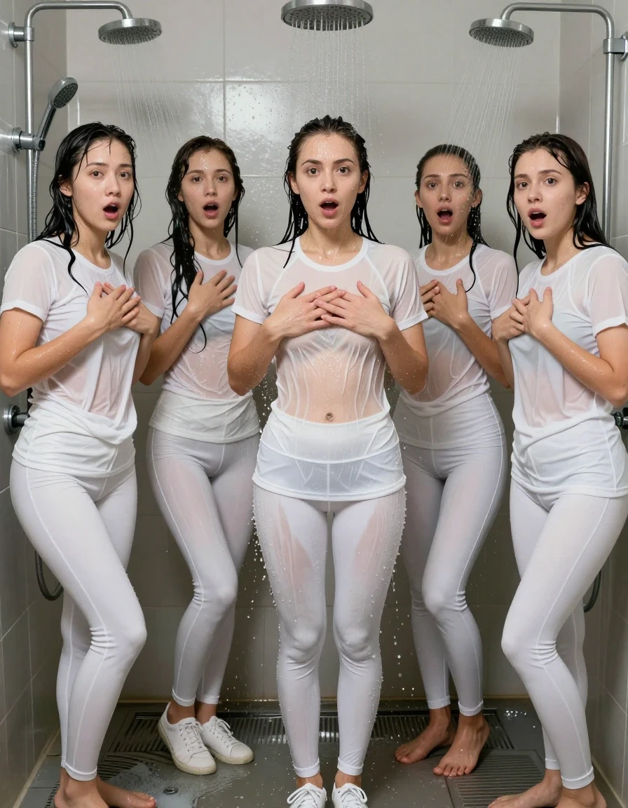 photo of young woman, in soaking wet, drenched clothes,
white sneakers, yoga pants, no underwear, white shirt, no bra, dunk tank, 
enjoying, wet clothes stuck to body,
detailed textures of the wet clothes, wet face, wet plastered hair,
wet, drenched, professional, high-quality details, full body view.
sharp focus, ultra-high pixel detail, realistic, high-quality, full colors, incredibly detailed, 4k, 8k, 16k, hyper-realistic, RAW photo, masterpiece, ultra-detailed, professionally color graded, professional photograph, five woman shower in an comunal shower room. all girls wear white shirts and white yoga pants. each girl has an own shower head. all clothes are dripping wet.  they cover her boobs with her handss.
they look very suprised towards the camera. her long black hair is very wet and water is dripping down. european 20 year old woman, wet skin, wet clothes, damp fabric