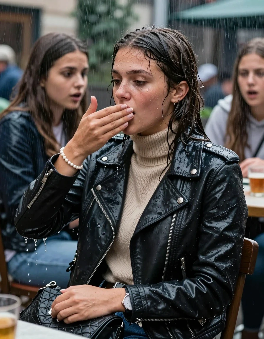 photo of young woman, in soaking wet, drenched clothes,
, , Biker leatherjacket, knit turtleneck sweater belly free, handbag, pearl necklace, bracelet, wristwatch, Sitting Under heavy Rain at outdoor Restaurant , strong jet of water, 
enjoying, wet clothes stuck to body,
detailed textures of the wet clothes, wet face, wet plastered hair,
wet, drenched, professional, high-quality details, full body view.
sharp focus, ultra-high pixel detail, realistic, high-quality, full colors, incredibly detailed, 4k, 8k, 16k, hyper-realistic, RAW photo, masterpiece, ultra-detailed, professionally color graded, professional photograph, 15 years old  school girl and her friends. Completely soaked to the Skin.

One Hand Covers her friends mouth. 

The girls wear different clothes.

she is completely underwater up to her neck, surprised and astonished expression. 

her clothing is soaking wet and clinging tightly to her skin, showing heavy wet folds, darkened fabric texture, and deep water-saturated Patches, her clothes are heavy from the water, water runs from her body and her clothes in streams. A lot of water also runs out of her clothes. Her clothes are darkened by the water. Her submerged clothes are good visible under the water.  she soaked her handbag into the water.

close up view, wet skin, wet clothes, wet hair, damp fabric, water runs down the clothes, wet skin, wet clothes, damp fabric. cinematic medium shot, hyper-realistic wetness, high-contrast water sheen, sharp focus, 16k resolution, professional photography, realistic water physics., wet skin, wet clothes, damp fabric, wet skin, wet clothes, damp fabric, wet skin, wet clothes, damp fabric, wet skin, wet clothes, damp fabric, wet skin, wet clothes, damp fabric, wet skin, wet clothes, damp fabric, wet skin, wet clothes, damp fabric, wet skin, wet clothes, damp fabric