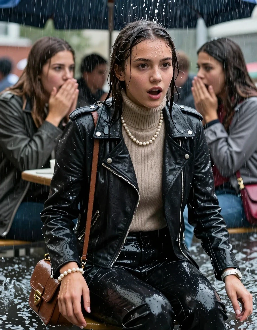 photo of young woman, in soaking wet, drenched clothes,
, , Biker leatherjacket, knit turtleneck sweater belly free, handbag, pearl necklace, bracelet, wristwatch, Sitting Under a flood of water from the canopy of an outdoor restaurant during extremely heavy rain, 
enjoying, wet clothes stuck to body,
detailed textures of the wet clothes, wet face, wet plastered hair,
wet, drenched, professional, high-quality details, full body view.
sharp focus, ultra-high pixel detail, realistic, high-quality, full colors, incredibly detailed, 4k, 8k, 16k, hyper-realistic, RAW photo, masterpiece, ultra-detailed, professionally color graded, professional photograph, 15 years old  school girl and her friends. Completely soaked to the Skin.

Open mouth, hands down, looking slightly away. One Hand Covers her friends mouth. 

The girls wear different clothes.

she is completely underwater up to her neck, surprised and astonished expression. 

her clothing is soaking wet and clinging tightly to her skin, showing heavy wet folds, darkened fabric texture, and deep water-saturated Patches, her clothes are heavy from the water, water runs from her body and her clothes in streams. A lot of water also runs out of her clothes. Her clothes are darkened by the water. Her submerged clothes are good visible under the water.  she soaked her handbag into the water.

close up view, wet skin, wet clothes, wet hair, damp fabric, water runs down the clothes, wet skin, wet clothes, damp fabric. cinematic medium shot, hyper-realistic wetness, high-contrast water sheen, sharp focus, 16k resolution, professional photography, realistic water physics., wet skin, wet clothes, damp fabric, wet skin, wet clothes, damp fabric, wet skin, wet clothes, damp fabric, wet skin, wet clothes, damp fabric, wet skin, wet clothes, damp fabric, wet skin, wet clothes, damp fabric, wet skin, wet clothes, damp fabric, wet skin, wet clothes, damp fabric, wet skin, wet clothes, damp fabric