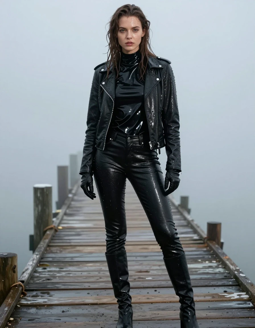 A stunning young adult European woman with long dripping wet brown hair, standing on a wooden pier at the docks amidst heavy mist. She is wearing an oversize black vinyl polar neck shirt, a black biker leather jacket, and black leather gloves. She wears tight black leather jeans and black leather knee-high boots. The entire scene is drenched; her skin is glistening with water, and her clothes are heavy, clinging, and saturated with moisture, showcasing dark soaked fabric, water sheen, and deep folds. The environment is atmospheric and damp, with water droplets clinging to her hair and skin, creating a realistic, high-contrast wetlook aesthetic. Cinematic lighting highlights the textures of the vinyl and leather, emphasizing the wet finish and clinging fabric. Photographic quality, 8k resolution, highly detailed textures, sharp focus on the subject, fully clothed, no nudity.
