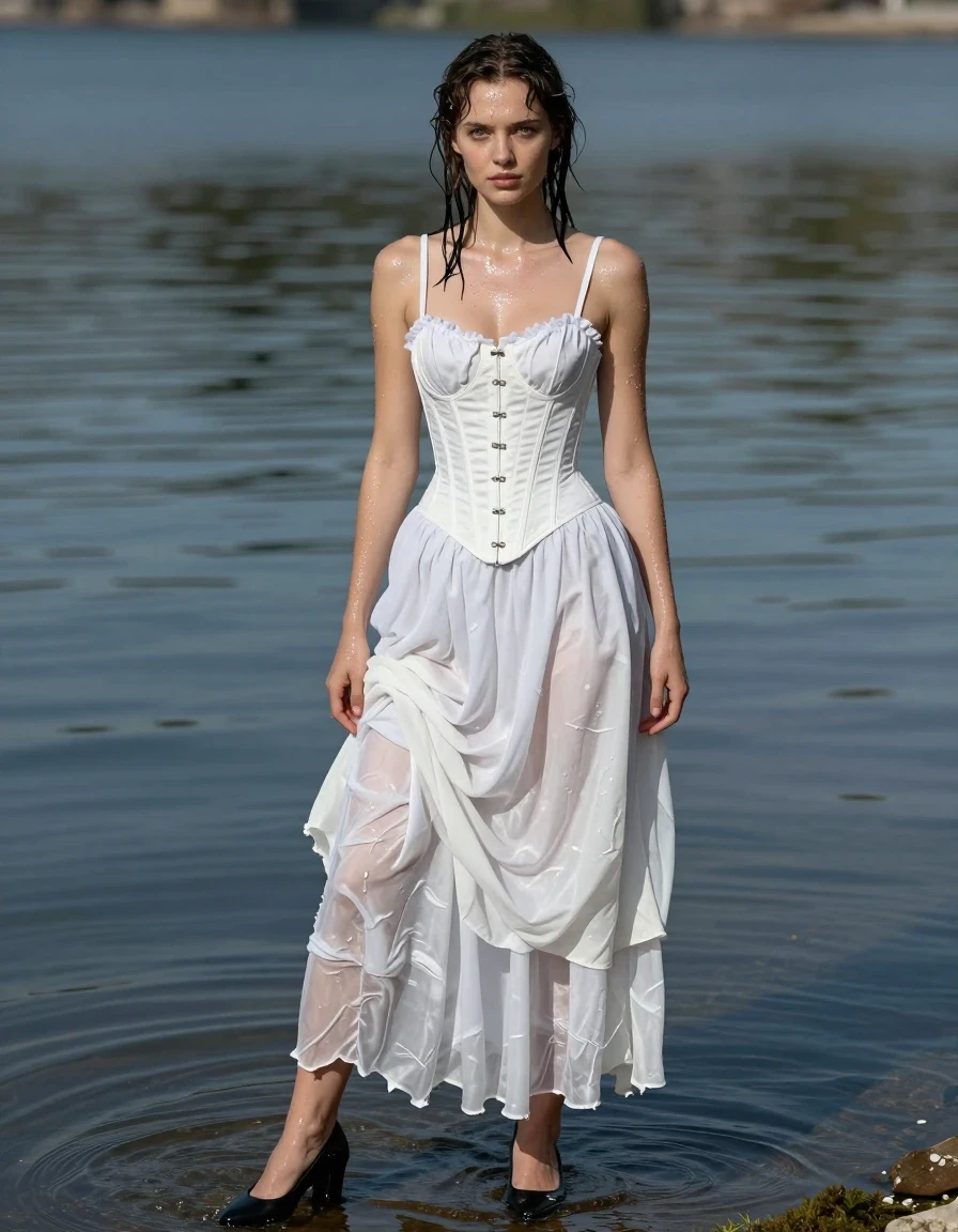 A stunning full-body portrait of a young adult European woman standing in the shallow water of a serene lake. She is wearing a structured corset and a white long Victorian skirt layered over a matching underskirt, all heavily saturated with water, clinging to her form with deep translucent patches, heavy fabric folds, and a wet, weighted appearance. Her skin is glistening with a realistic water sheen, and her hair is damp and plastered to her head. She is wearing sleek black heels that are partially submerged in the lake water. The lighting is natural daylight reflecting off the wet surfaces and the surrounding lake ripples. Cinematic composition, 8k resolution, hyper-realistic textures, detailed fabric weave, sharp focus on the wet clinging garments and skin highlights.