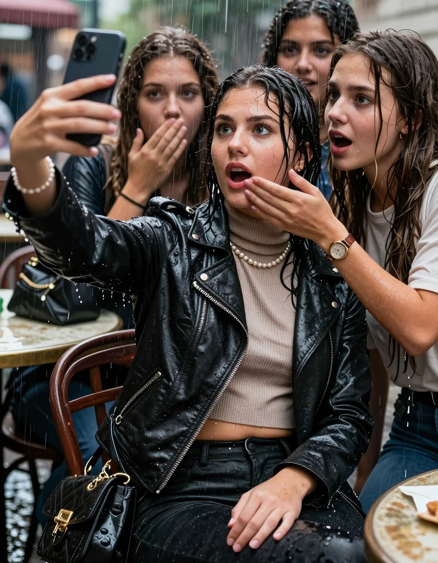 photo of young woman, in soaking wet, drenched clothes,
, , Biker leatherjacket, knit turtleneck sweater belly free, handbag, pearl necklace, bracelet, wristwatch, Sitting Under heavy Rain at outdoor Restaurant , strong jet of water, 
enjoying, wet clothes stuck to body,
detailed textures of the wet clothes, wet face, wet plastered hair,
wet, drenched, professional, high-quality details, full body view.
sharp focus, ultra-high pixel detail, realistic, high-quality, full colors, incredibly detailed, 4k, 8k, 16k, hyper-realistic, RAW photo, masterpiece, ultra-detailed, professionally color graded, professional photograph, 15 years old  school girl and her friends. Completely soaked to the Skin.

Only head and shoulders are over the surface visible. One Hand Covers her friends mouth. Take a Selfie with her Smartphone.

The girls wear different clothes.

she is completely underwater up to her neck, surprised and astonished expression. 

her clothing is soaking wet and clinging tightly to her skin, showing heavy wet folds, darkened fabric texture, and deep water-saturated Patches, her clothes are heavy from the water, water runs from her body and her clothes in streams. A lot of water also runs out of her clothes. Her clothes are darkened by the water. Her submerged clothes are good visible under the water.  she soaked her handbag into the water.

close up view, wet skin, wet clothes, wet hair, damp fabric, water runs down the clothes, wet skin, wet clothes, damp fabric. cinematic medium shot, hyper-realistic wetness, high-contrast water sheen, sharp focus, 16k resolution, professional photography, realistic water physics., wet skin, wet clothes, damp fabric, wet skin, wet clothes, damp fabric, wet skin, wet clothes, damp fabric, wet skin, wet clothes, damp fabric, wet skin, wet clothes, damp fabric, wet skin, wet clothes, damp fabric, wet skin, wet clothes, damp fabric, wet skin, wet clothes, damp fabric