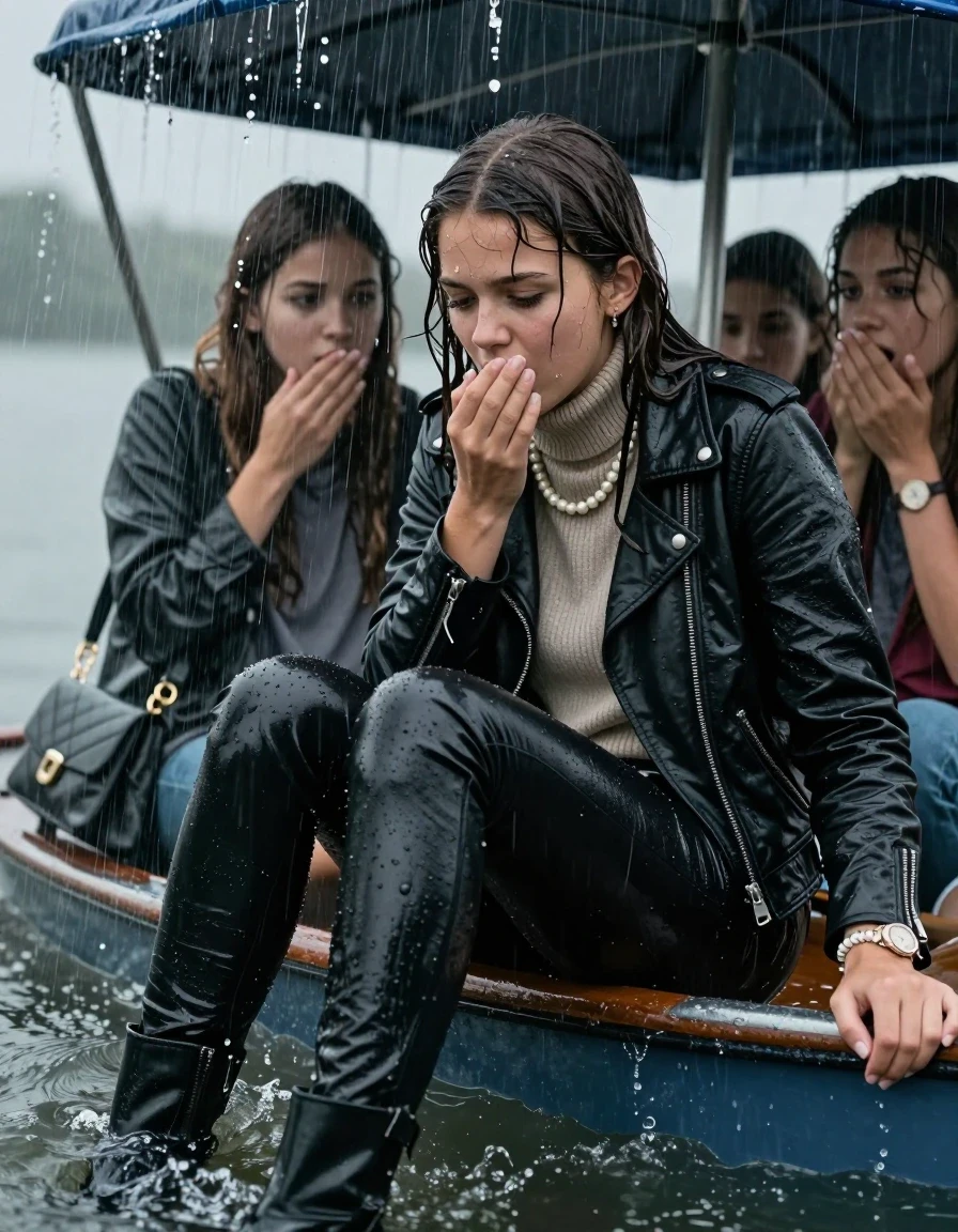 photo of young woman, in soaking wet, drenched clothes,
Ankle boots, Black leatherleggings , Biker leatherjacket, knit turtleneck sweater belly free, handbag, pearl necklace, bracelet, wristwatch, Sitting Under a flood of water from the canopy of a sinking boat during extremely heavy rain, 
enjoying, wet clothes stuck to body,
detailed textures of the wet clothes, wet face, wet plastered hair,
wet, drenched, professional, high-quality details, full body view.
sharp focus, ultra-high pixel detail, realistic, high-quality, full colors, incredibly detailed, 4k, 8k, 16k, hyper-realistic, RAW photo, masterpiece, ultra-detailed, professionally color graded, professional photograph, 15 years old teenage girl and her friends. Completely soaked to the Skin.

Open mouth, hands on her mouth, looking down. One Hand Covers her friends mouth. 

The girls wear different clothes.

she is completely underwater up to her neck, surprised and astonished expression. 

her clothing is soaking wet and clinging tightly to her skin, showing heavy wet folds, darkened fabric texture, and deep water-saturated Patches, her clothes are heavy from the water, water runs from her body and her clothes in streams. A lot of water also runs out of her clothes. Her clothes are darkened by the water. Her submerged clothes are good visible under the water.  she soaked her handbag into the water.

close up view, wet skin, wet clothes, wet hair, damp fabric, water runs down the clothes, wet skin, wet clothes, damp fabric. cinematic medium shot, hyper-realistic wetness, high-contrast water sheen, sharp focus, 16k resolution, professional photography, realistic water physics., wet skin, wet clothes, damp fabric, wet skin, wet clothes, damp fabric, wet skin, wet clothes, damp fabric, wet skin, wet clothes, damp fabric, wet skin, wet clothes, damp fabric, wet skin, wet clothes, damp fabric, wet skin, wet clothes, damp fabric, wet skin, wet clothes, damp fabric, wet skin, wet clothes, damp fabric