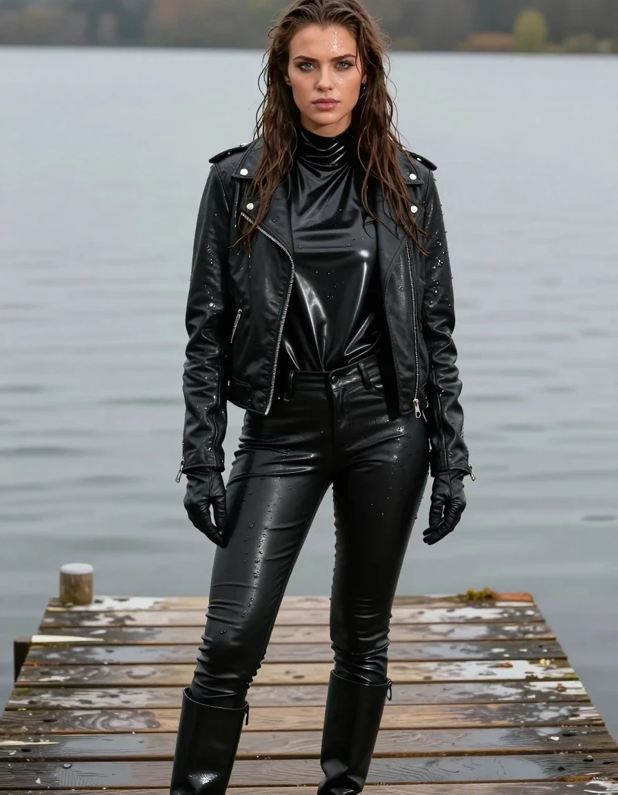 A photorealistic medium-full shot of a young adult European woman with long dripping wet brown hair, standing on a wooden pier at a lake. She is wearing an oversize black vinyl polar neck shirt with a high-gloss wet sheen, a black biker leather jacket, and tight black leather jeans that cling to her legs with visible water saturation and heavy folds. She wears black leather gloves on both hands and black leather knee-high boots. Her skin is visibly wet with water droplets and a glistening sheen, and her clothes are damp, heavy, and clinging to her body. The scene is captured with realistic lighting reflecting off the wet surfaces, emphasizing the dark, soaked texture of the fabrics and the glistening wet hair. High-detail photographic quality, sharp focus, natural environment, fully clothed, modest attire, no nudity.