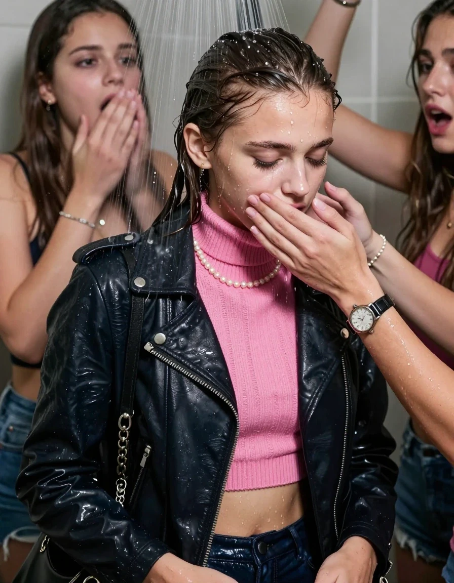 photo of young woman, in soaking wet, drenched clothes,
, , Biker leatherjacket, pink knit turtleneck sweater belly free, shoulderbag, pearl necklace, bracelet, wristwatch, Orgasm Under the shower, strong jet of water, party room, 
enjoying, wet clothes stuck to body,
detailed textures of the wet clothes, wet face, wet plastered hair,
wet, drenched, professional, high-quality details, full body view.
sharp focus, ultra-high pixel detail, realistic, high-quality, full colors, incredibly detailed, 4k, 8k, 16k, hyper-realistic, RAW photo, masterpiece, ultra-detailed, professionally color graded, professional photograph, Sleek long ponytail with bangs

 15 years old  school girl and her female  friends

Only head and shoulders are over the surface visible. Looking down. Open mouth, closed eyes. Her mouth is covered by her friends Hand.

The girls wear different clothes.

she is completely underwater up to her neck, surprised and astonished expression. 

her clothing is soaking wet and clinging tightly to her skin, showing heavy wet folds, darkened fabric texture, and deep water-saturated Patches, her clothes are heavy from the water, water runs from her body and her clothes in streams. A lot of water also runs out of her clothes. Her clothes are darkened by the water. Her submerged clothes are good visible under the water.  she soaked her handbag into the water.

close up view, wet skin, wet clothes, wet hair, damp fabric, water runs down the clothes, wet skin, wet clothes, damp fabric. cinematic medium shot, hyper-realistic wetness, high-contrast water sheen, sharp focus, 16k resolution, professional photography, realistic water physics., wet skin, wet clothes, damp fabric, wet skin, wet clothes, damp fabric, wet skin, wet clothes, damp fabric, wet skin, wet clothes, damp fabric, wet skin, wet clothes, damp fabric, wet skin, wet clothes, damp fabric, wet skin, wet clothes, damp fabric