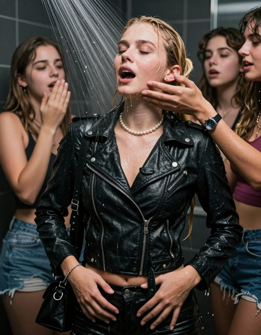 photo of young woman, in soaking wet, drenched clothes,
, , Biker leatherjacket, crop top, shoulderbag, pearl necklace, bracelet, wristwatch, Orgasm Under the shower, strong jet of water, party room, 
enjoying, wet clothes stuck to body,
detailed textures of the wet clothes, wet face, wet plastered hair,
wet, drenched, professional, high-quality details, full body view.
sharp focus, ultra-high pixel detail, realistic, high-quality, full colors, incredibly detailed, 4k, 8k, 16k, hyper-realistic, RAW photo, masterpiece, ultra-detailed, professionally color graded, professional photograph, Blonde Sleek long ponytail with bangs

 15 years old  school girl and her female  friends
Looking up to the side. Moaning. Open mouth, closed eyes. Hands on her tighs. Her mouth is covered by her friends Hand.

The girls wear different clothes.

she is completely underwater up to her neck, horny and in ecstacy. 

her clothing is soaking wet and clinging tightly to her skin, showing heavy wet folds, darkened fabric texture, and deep water-saturated Patches, her clothes are heavy from the water, water runs from her body and her clothes in streams. A lot of water also runs out of her clothes. Her clothes are darkened by the water. Her submerged clothes are good visible under the water.  she soaked her handbag into the water.

close up view, wet skin, wet clothes, wet hair, damp fabric, water runs down the clothes, wet skin, wet clothes, damp fabric. cinematic medium shot, hyper-realistic wetness, high-contrast water sheen, sharp focus, 16k resolution, professional photography, realistic water physics., wet skin, wet clothes, damp fabric, wet skin, wet clothes, damp fabric, wet skin, wet clothes, damp fabric, wet skin, wet clothes, damp fabric, wet skin, wet clothes, damp fabric, wet skin, wet clothes, damp fabric, wet skin, wet clothes, damp fabric