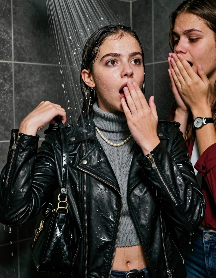 photo of young woman, in soaking wet, drenched clothes,
, , Biker leatherjacket, knit turtleneck sweater belly free, handbag, pearl necklace, bracelet, wristwatch, Under the shower, strong jet of water, party room, 
enjoying, wet clothes stuck to body,
detailed textures of the wet clothes, wet face, wet plastered hair,
wet, drenched, professional, high-quality details, full body view.
sharp focus, ultra-high pixel detail, realistic, high-quality, full colors, incredibly detailed, 4k, 8k, 16k, hyper-realistic, RAW photo, masterpiece, ultra-detailed, professionally color graded, professional photograph, Sleek Collarbone bob

 15 years old  school girl and her friend

Only head and shoulders are over the surface visible. Open mouth, big eyes. One Hand Covers her friends mouth.

The girls wear different clothes.

she is completely underwater up to her neck, surprised and astonished expression. 

her clothing is soaking wet and clinging tightly to her skin, showing heavy wet folds, darkened fabric texture, and deep water-saturated Patches, her clothes are heavy from the water, water runs from her body and her clothes in streams. A lot of water also runs out of her clothes. Her clothes are darkened by the water. Her submerged clothes are good visible under the water.  she soaked her handbag into the water.

close up view, wet skin, wet clothes, wet hair, damp fabric, water runs down the clothes, wet skin, wet clothes, damp fabric. cinematic medium shot, hyper-realistic wetness, high-contrast water sheen, sharp focus, 16k resolution, professional photography, realistic water physics., wet skin, wet clothes, damp fabric, wet skin, wet clothes, damp fabric, wet skin, wet clothes, damp fabric, wet skin, wet clothes, damp fabric, wet skin, wet clothes, damp fabric, wet skin, wet clothes, damp fabric