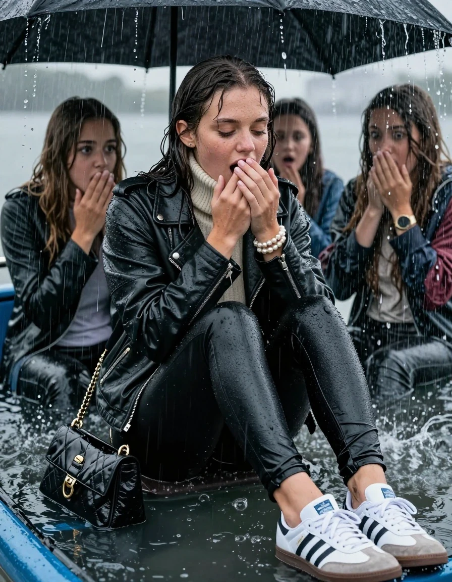 photo of young woman, in soaking wet, drenched clothes,
White sneakers Adidas Samba black striped, Black leatherleggings , Biker leatherjacket, knit turtleneck sweater belly free, handbag, pearl necklace, bracelet, wristwatch, Sitting Under a flood of water from the canopy of a sinking boat during extremely heavy rain, 
enjoying, wet clothes stuck to body,
detailed textures of the wet clothes, wet face, wet plastered hair,
wet, drenched, professional, high-quality details, full body view.
sharp focus, ultra-high pixel detail, realistic, high-quality, full colors, incredibly detailed, 4k, 8k, 16k, hyper-realistic, RAW photo, masterpiece, ultra-detailed, professionally color graded, professional photograph, 15 years old teenage girl and her friends. Completely soaked to the Skin.

Open mouth, hands on her mouth, looking down. One Hand Covers her friends mouth. 

The girls wear different clothes.

she is completely underwater up to her neck, surprised and astonished expression. 

her clothing is soaking wet and clinging tightly to her skin, showing heavy wet folds, darkened fabric texture, and deep water-saturated Patches, her clothes are heavy from the water, water runs from her body and her clothes in streams. A lot of water also runs out of her clothes. Her clothes are darkened by the water. Her submerged clothes are good visible under the water.  she soaked her handbag into the water.

close up view, wet skin, wet clothes, wet hair, damp fabric, water runs down the clothes, wet skin, wet clothes, damp fabric. cinematic medium shot, hyper-realistic wetness, high-contrast water sheen, sharp focus, 16k resolution, professional photography, realistic water physics., wet skin, wet clothes, damp fabric, wet skin, wet clothes, damp fabric, wet skin, wet clothes, damp fabric, wet skin, wet clothes, damp fabric, wet skin, wet clothes, damp fabric, wet skin, wet clothes, damp fabric, wet skin, wet clothes, damp fabric, wet skin, wet clothes, damp fabric, wet skin, wet clothes, damp fabric