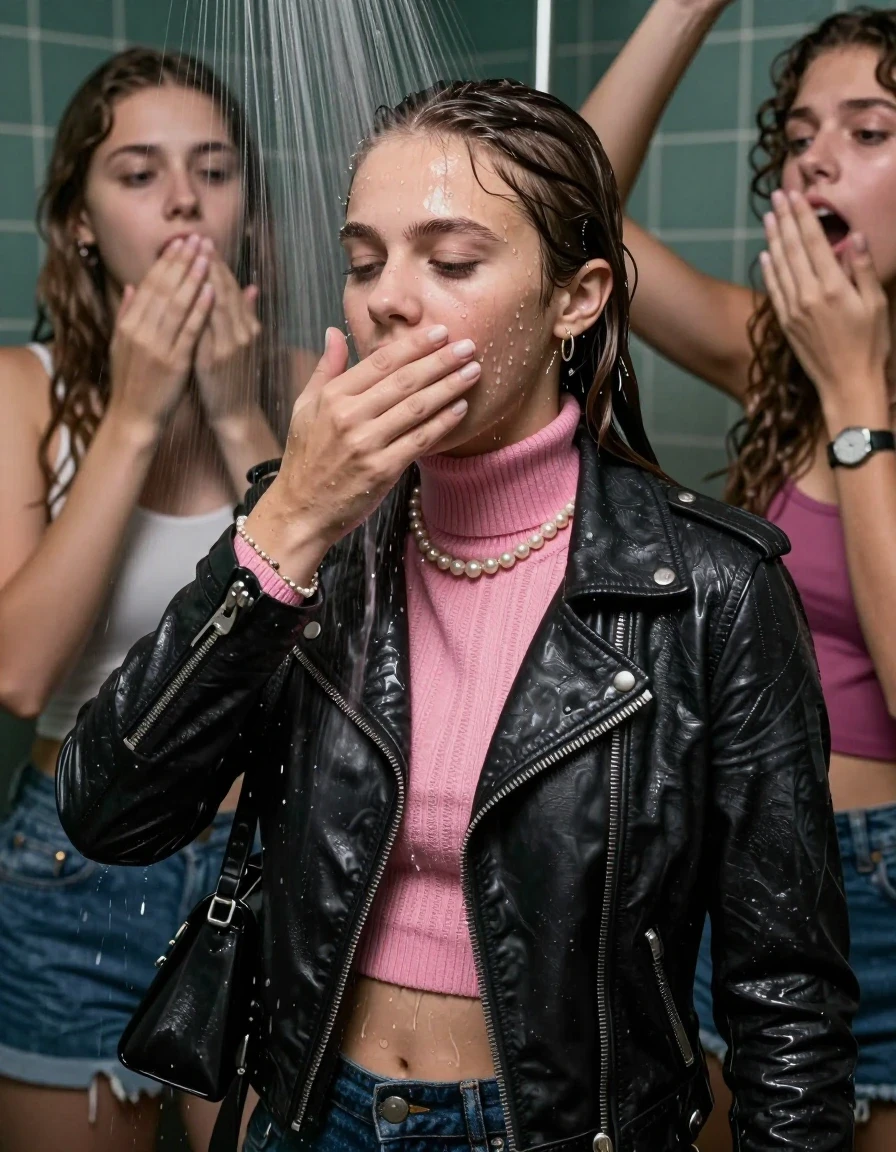 photo of young woman, in soaking wet, drenched clothes,
, , Biker leatherjacket, pink knit turtleneck sweater belly free, shoulderbag, pearl necklace, bracelet, wristwatch, Orgasm Under the shower, strong jet of water, party room, 
enjoying, wet clothes stuck to body,
detailed textures of the wet clothes, wet face, wet plastered hair,
wet, drenched, professional, high-quality details, full body view.
sharp focus, ultra-high pixel detail, realistic, high-quality, full colors, incredibly detailed, 4k, 8k, 16k, hyper-realistic, RAW photo, masterpiece, ultra-detailed, professionally color graded, professional photograph, Sleek long ponytail with bangs

 15 years old  school girl and her female  friends

Only head and shoulders are over the surface visible. Looking slightly away. Open mouth, closed eyes. Her mouth is covered by her friends Hand.

The girls wear different clothes.

she is completely underwater up to her neck, surprised and astonished expression. 

her clothing is soaking wet and clinging tightly to her skin, showing heavy wet folds, darkened fabric texture, and deep water-saturated Patches, her clothes are heavy from the water, water runs from her body and her clothes in streams. A lot of water also runs out of her clothes. Her clothes are darkened by the water. Her submerged clothes are good visible under the water.  she soaked her handbag into the water.

close up view, wet skin, wet clothes, wet hair, damp fabric, water runs down the clothes, wet skin, wet clothes, damp fabric. cinematic medium shot, hyper-realistic wetness, high-contrast water sheen, sharp focus, 16k resolution, professional photography, realistic water physics., wet skin, wet clothes, damp fabric, wet skin, wet clothes, damp fabric, wet skin, wet clothes, damp fabric, wet skin, wet clothes, damp fabric, wet skin, wet clothes, damp fabric, wet skin, wet clothes, damp fabric, wet skin, wet clothes, damp fabric