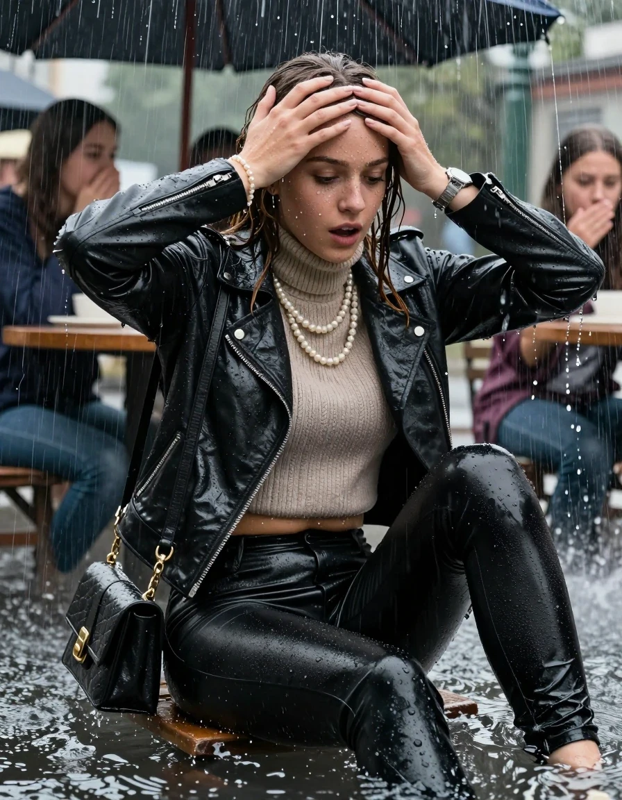 photo of young woman, in soaking wet, drenched clothes,
, Black leatherleggings , Biker leatherjacket, knit turtleneck sweater belly free, handbag, pearl necklace, bracelet, wristwatch, Sitting Under a flood of water from the canopy of an outdoor restaurant during extremely heavy rain, 
enjoying, wet clothes stuck to body,
detailed textures of the wet clothes, wet face, wet plastered hair,
wet, drenched, professional, high-quality details, full body view.
sharp focus, ultra-high pixel detail, realistic, high-quality, full colors, incredibly detailed, 4k, 8k, 16k, hyper-realistic, RAW photo, masterpiece, ultra-detailed, professionally color graded, professional photograph, 15 years old  school girl and her friends. Completely soaked to the Skin.

Open mouth, hands on her forehead, looking down. One Hand Covers her friends mouth. 

The girls wear different clothes.

she is completely underwater up to her neck, surprised and astonished expression. 

her clothing is soaking wet and clinging tightly to her skin, showing heavy wet folds, darkened fabric texture, and deep water-saturated Patches, her clothes are heavy from the water, water runs from her body and her clothes in streams. A lot of water also runs out of her clothes. Her clothes are darkened by the water. Her submerged clothes are good visible under the water.  she soaked her handbag into the water.

close up view, wet skin, wet clothes, wet hair, damp fabric, water runs down the clothes, wet skin, wet clothes, damp fabric. cinematic medium shot, hyper-realistic wetness, high-contrast water sheen, sharp focus, 16k resolution, professional photography, realistic water physics., wet skin, wet clothes, damp fabric, wet skin, wet clothes, damp fabric, wet skin, wet clothes, damp fabric, wet skin, wet clothes, damp fabric, wet skin, wet clothes, damp fabric, wet skin, wet clothes, damp fabric, wet skin, wet clothes, damp fabric, wet skin, wet clothes, damp fabric