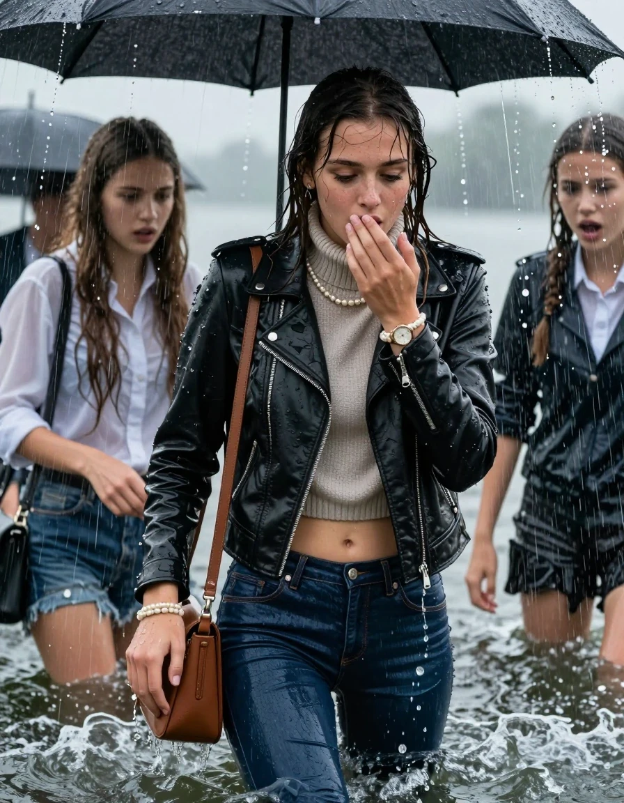 photo of young woman, in soaking wet, drenched clothes,
, Tight skinny jeans, Biker leatherjacket, knit turtleneck sweater belly free, handbag, pearl necklace, bracelet, wristwatch, Sink into the water Under a flood of water from the canopy of a boat during extremely heavy rain, 
enjoying, wet clothes stuck to body,
detailed textures of the wet clothes, wet face, wet plastered hair,
wet, drenched, professional, high-quality details, full body view.
sharp focus, ultra-high pixel detail, realistic, high-quality, full colors, incredibly detailed, 4k, 8k, 16k, hyper-realistic, RAW photo, masterpiece, ultra-detailed, professionally color graded, professional photograph, 15 years old  school girl and her friends. Completely soaked to the Skin.

Open mouth, hands on her mouth, looking down. 

The girls wear different clothes.

she is completely underwater up to her neck, surprised and astonished expression. 

her clothing is soaking wet and clinging tightly to her skin, showing heavy wet folds, darkened fabric texture, and deep water-saturated Patches, her clothes are heavy from the water, water runs from her body and her clothes in streams. A lot of water also runs out of her clothes. Her clothes are darkened by the water. Her submerged clothes are good visible under the water.  she soaked her handbag into the water.

close up view, wet skin, wet clothes, wet hair, damp fabric, water runs down the clothes, wet skin, wet clothes, damp fabric. cinematic medium shot, hyper-realistic wetness, high-contrast water sheen, sharp focus, 16k resolution, professional photography, realistic water physics., wet skin, wet clothes, damp fabric, wet skin, wet clothes, damp fabric, wet skin, wet clothes, damp fabric, wet skin, wet clothes, damp fabric, wet skin, wet clothes, damp fabric, wet skin, wet clothes, damp fabric, wet skin, wet clothes, damp fabric, wet skin, wet clothes, damp fabric