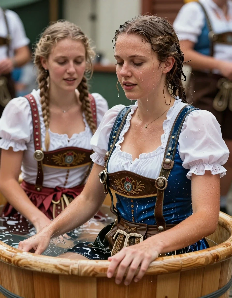 photo of young woman, in soaking wet, drenched clothes,
nothing, lederhose,  white blouse no bra, wooden bath tube, background oktoberfest, 
enjoying, wet clothes stuck to body,
detailed textures of the wet clothes, wet face, wet plastered hair,
wet, drenched, professional, high-quality details, full body view.
sharp focus, ultra-high pixel detail, realistic, high-quality, full colors, incredibly detailed, 4k, 8k, 16k, hyper-realistic, RAW photo, masterpiece, ultra-detailed, professionally color graded, professional photograph, Zwei Frauen in Dirndl  tauchen  in der bath tube unter. zeige den Moment wenn beide wieder auftauchen. die Frauen sind komplett nass. die blusen kleben am Körper., wet skin, wet clothes, damp fabric