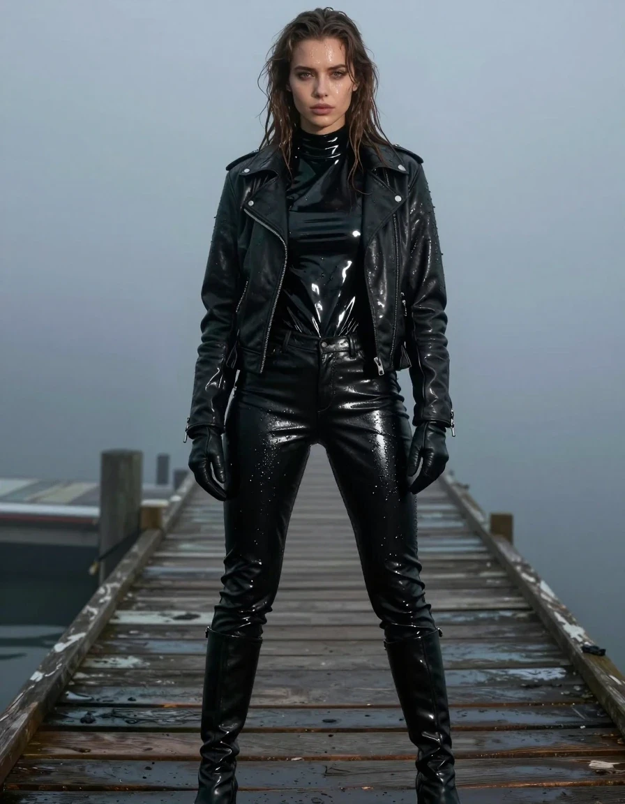 A young adult European woman with long, dripping wet brown hair, standing on a wooden pier at the docks during a heavy, atmospheric mist. She is wearing an oversized black vinyl turtleneck shirt with a high-gloss reflective sheen, layered under a rugged black biker leather jacket, with black leather gloves on both hands. She wears black leather jeans that are heavily drenched, with visible water sheen, clinging to her legs, and deep creases highlighting the material texture. She is wearing black leather knee-high boots. Her skin is visibly wet, glistening with water droplets and a damp sheen. The clothing appears heavy, saturated, and clings to her frame, with dark, soaked patches and realistic damp fabric folds. The environment is dark and moody, with thick mist swirling around the pier. High-detail photographic capture, sharp focus on skin and fabric textures, cinematic lighting, realistic wet-look aesthetic, full clothing coverage, no nudity.