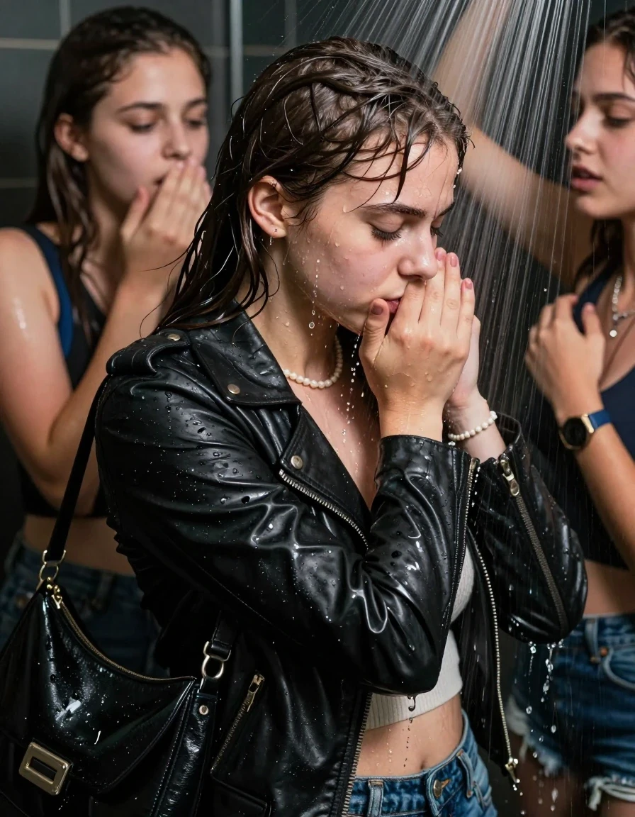 photo of young woman, in soaking wet, drenched clothes,
, , Biker leatherjacket, sweater belly free, shoulderbag, pearl necklace, bracelet, wristwatch, Orgasm Under the shower, strong jet of water, party room, 
enjoying, wet clothes stuck to body,
detailed textures of the wet clothes, wet face, wet plastered hair,
wet, drenched, professional, high-quality details, full body view.
sharp focus, ultra-high pixel detail, realistic, high-quality, full colors, incredibly detailed, 4k, 8k, 16k, hyper-realistic, RAW photo, masterpiece, ultra-detailed, professionally color graded, professional photograph, Sleek long ponytail with bangs

 15 years old  school girl and her female  friends

Only head and shoulders are over the surface visible. Looking down to the side.  closed eyes . Her mouth is covered by her friends Hand. hugs her friend.

The girls wear different clothes.

she is completely underwater up to her neck, horny and Strenuous painful expression. 

her clothing is soaking wet and clinging tightly to her skin, showing heavy wet folds, darkened fabric texture, and deep water-saturated Patches, her clothes are heavy from the water, water runs from her body and her clothes in streams. A lot of water also runs out of her clothes. Her clothes are darkened by the water. Her submerged clothes are good visible under the water.  she soaked her handbag into the water.

close up view, wet skin, wet clothes, wet hair, damp fabric, water runs down the clothes, wet skin, wet clothes, damp fabric. cinematic medium shot, hyper-realistic wetness, high-contrast water sheen, sharp focus, 16k resolution, professional photography, realistic water physics., wet skin, wet clothes, damp fabric, wet skin, wet clothes, damp fabric, wet skin, wet clothes, damp fabric, wet skin, wet clothes, damp fabric, wet skin, wet clothes, damp fabric, wet skin, wet clothes, damp fabric, wet skin, wet clothes, damp fabric, wet skin, wet clothes, damp fabric
