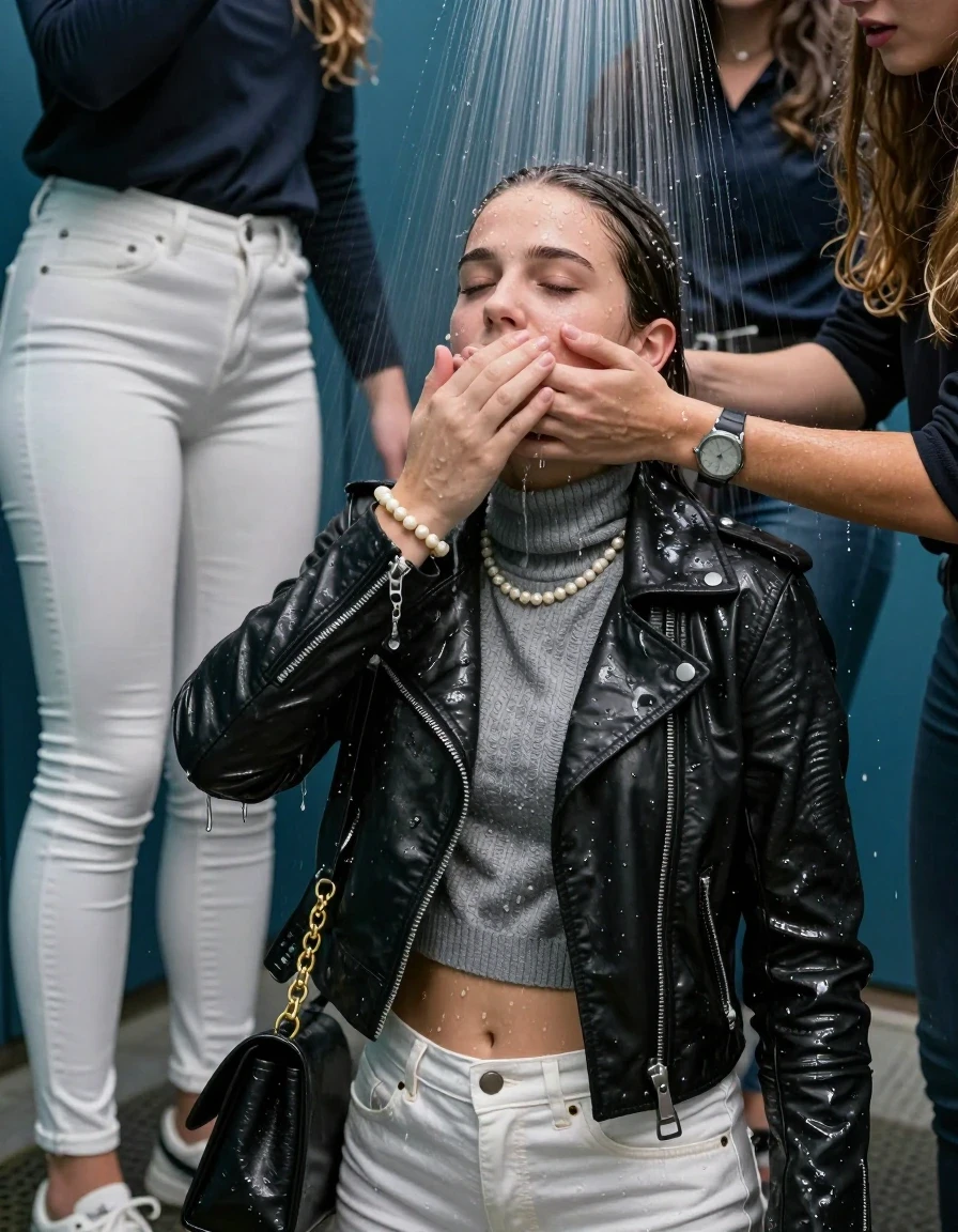photo of young woman, in soaking wet, drenched clothes,
, White tight skinny jeans, Biker leatherjacket, grey knit turtleneck sweater belly free, handbag, pearl necklace, bracelet, wristwatch, Orgasm Under the shower, strong jet of water, locker room, 
enjoying, wet clothes stuck to body,
detailed textures of the wet clothes, wet face, wet plastered hair,
wet, drenched, professional, high-quality details, full body view.
sharp focus, ultra-high pixel detail, realistic, high-quality, full colors, incredibly detailed, 4k, 8k, 16k, hyper-realistic, RAW photo, masterpiece, ultra-detailed, professionally color graded, professional photograph, Topknot

 15 years old  school girl and her female  friends

Only head and shoulders are over the surface visible. Looking up. Open mouth, closed eyes. Her mouth is covered by her friends Hand.

The girls wear different clothes.

she is completely underwater up to her neck, surprised and astonished expression. 

her clothing is soaking wet and clinging tightly to her skin, showing heavy wet folds, darkened fabric texture, and deep water-saturated Patches, her clothes are heavy from the water, water runs from her body and her clothes in streams. A lot of water also runs out of her clothes. Her clothes are darkened by the water. Her submerged clothes are good visible under the water.  she soaked her handbag into the water.

close up view, wet skin, wet clothes, wet hair, damp fabric, water runs down the clothes, wet skin, wet clothes, damp fabric. cinematic medium shot, hyper-realistic wetness, high-contrast water sheen, sharp focus, 16k resolution, professional photography, realistic water physics., wet skin, wet clothes, damp fabric, wet skin, wet clothes, damp fabric, wet skin, wet clothes, damp fabric, wet skin, wet clothes, damp fabric, wet skin, wet clothes, damp fabric, wet skin, wet clothes, damp fabric