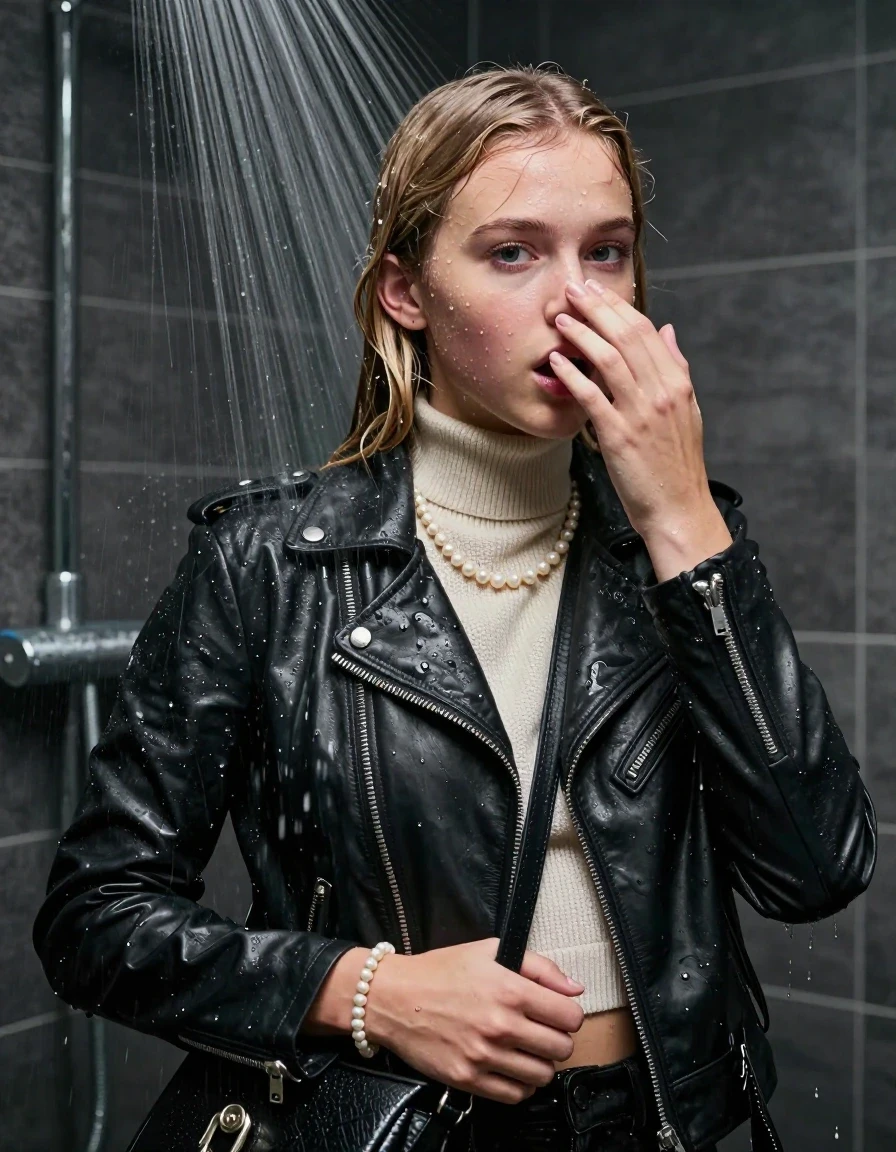 photo of young woman, in soaking wet, drenched clothes,
, , Biker leatherjacket, knit turtleneck sweater belly free, handbag, pearl necklace, bracelet, wristwatch, Under the shower, strong jet of water, party room, 
enjoying, wet clothes stuck to body,
detailed textures of the wet clothes, wet face, wet plastered hair,
wet, drenched, professional, high-quality details, full body view.
sharp focus, ultra-high pixel detail, realistic, high-quality, full colors, incredibly detailed, 4k, 8k, 16k, hyper-realistic, RAW photo, masterpiece, ultra-detailed, professionally color graded, professional photograph, Sleek Blonde Collarbone bob

 15 years old  school girl

Only head and shoulders are over the surface visible. Looking at camera. One Hand in front of her nose.

The girls wear different clothes.

she is completely underwater up to her neck, surprised and astonished expression. 

her clothing is soaking wet and clinging tightly to her skin, showing heavy wet folds, darkened fabric texture, and deep water-saturated Patches, her clothes are heavy from the water, water runs from her body and her clothes in streams. A lot of water also runs out of her clothes. Her clothes are darkened by the water. Her submerged clothes are good visible under the water.  she soaked her handbag into the water.

close up view, wet skin, wet clothes, wet hair, damp fabric, water runs down the clothes, wet skin, wet clothes, damp fabric. cinematic medium shot, hyper-realistic wetness, high-contrast water sheen, sharp focus, 16k resolution, professional photography, realistic water physics., wet skin, wet clothes, damp fabric, wet skin, wet clothes, damp fabric, wet skin, wet clothes, damp fabric, wet skin, wet clothes, damp fabric, wet skin, wet clothes, damp fabric, wet skin, wet clothes, damp fabric