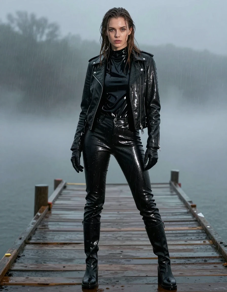 A photorealistic full-body shot of a young adult European woman with long dripping wet brown hair, standing on a wooden pier at the docks amidst heavy mist. She is wearing an oversized black vinyl polar neck shirt that glistens with water, a heavy black biker leather jacket, and black leather gloves. She is wearing black leather jeans, which are visibly soaked, clinging to her legs with heavy wet folds, dark saturated patches, and sharp glossy specular reflections on the leather seams and creases. She is wearing black leather knee-high boots. Her skin is drenched, with water sheen and droplets clinging to her face and arms. The environment is dark, atmospheric, and damp, with the fabric of her clothing appearing heavy and saturated from the downpour. High-contrast cinematic lighting highlights the wet textures and the mist swirling around her. Sharp focus, 8k resolution, highly detailed textures, realistic wetness, no nudity, fully clothed, professional photography.