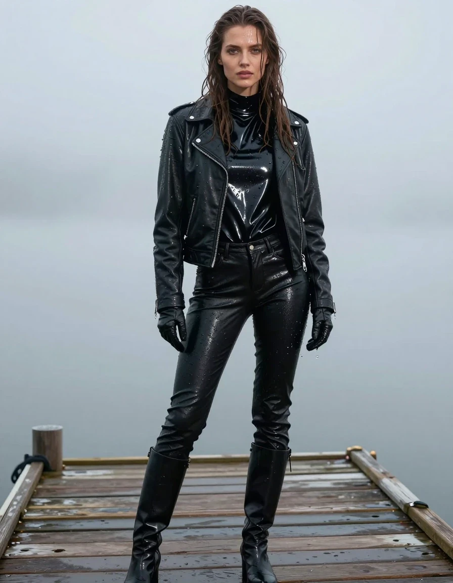 A young adult European woman with long dripping wet brown hair, standing on a wooden pier at the docks in heavy mist. She is wearing an oversize black vinyl polar neck shirt with a high-gloss reflective sheen, layered under a black biker leather jacket, and black leather gloves on both hands. She is wearing black leather jeans that show realistic wetness, with water sheen, heavy folds, and clinging texture. She is wearing black leather knee-high boots. The entire scene is drenched; her skin is visibly wet with water droplets, and her clothes are soaked, showing damp fabric, heavy weight, and clinging folds. The atmosphere is moody and cinematic, with heavy mist rolling over the water. High-detail photography, sharp focus on the wet textures, realistic lighting reflecting off wet surfaces, full-body shot. No nudity, clean and modest presentation, high-fidelity fabric textures.
