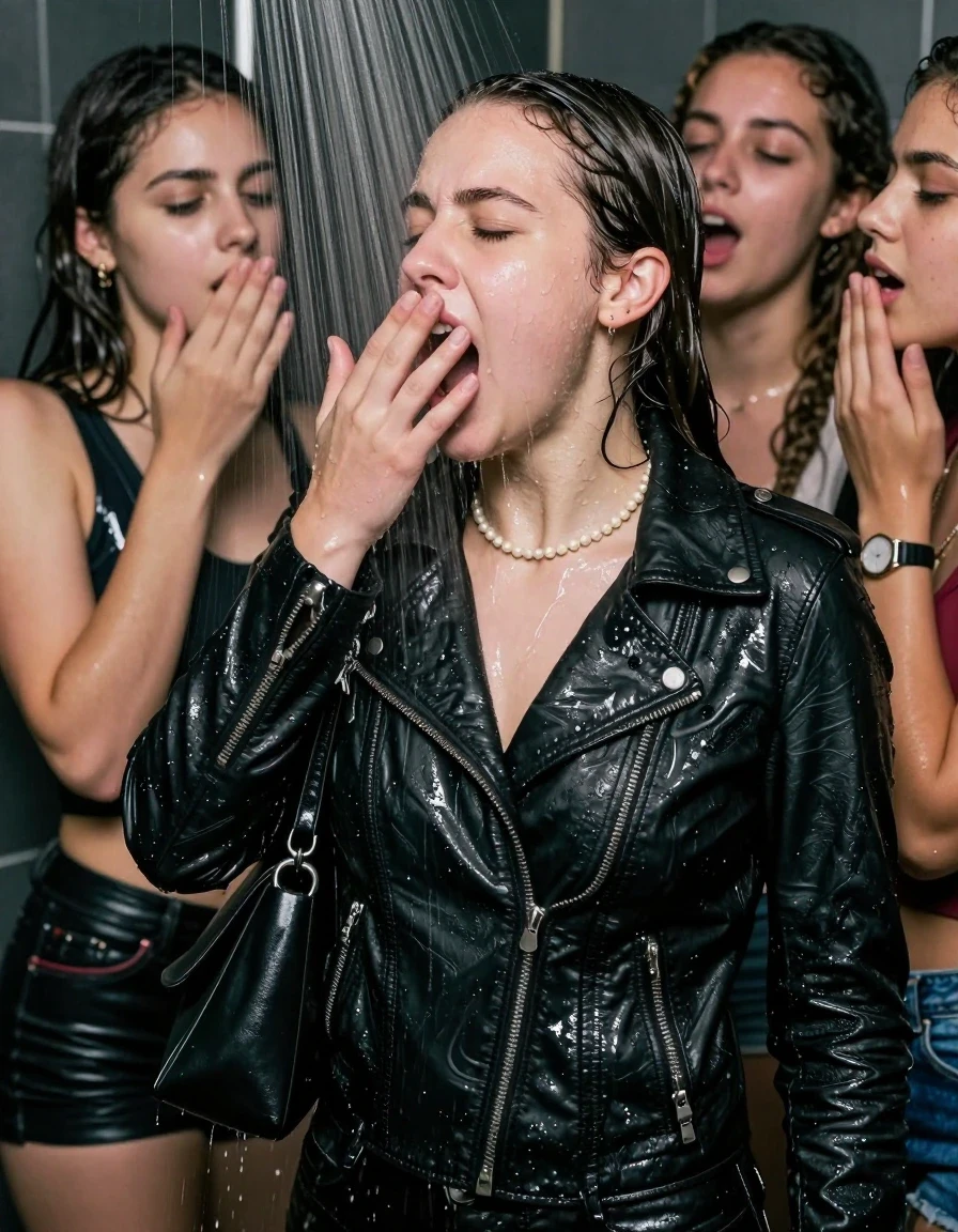 photo of young woman, in soaking wet, drenched clothes,
, , Biker leatherjacket, sweater belly free, shoulderbag, pearl necklace, bracelet, wristwatch, Orgasm Under the shower, strong jet of water, party room, 
enjoying, wet clothes stuck to body,
detailed textures of the wet clothes, wet face, wet plastered hair,
wet, drenched, professional, high-quality details, full body view.
sharp focus, ultra-high pixel detail, realistic, high-quality, full colors, incredibly detailed, 4k, 8k, 16k, hyper-realistic, RAW photo, masterpiece, ultra-detailed, professionally color graded, professional photograph, Sleek long ponytail with bangs

 15 years old  school girl and her female  friends

Only head and shoulders are over the surface visible. Looking down to the side. Open mouth, closed eyes, yawning.  Her mouth is covered by her friends Hand. hugs her friend.

The girls wear different clothes. All girls have an orgasm. 

she is completely underwater up to her neck, horny and orgasmic expression. 

her clothing is soaking wet and clinging tightly to her skin, showing heavy wet folds, darkened fabric texture, and deep water-saturated Patches, her clothes are heavy from the water, water runs from her body and her clothes in streams. A lot of water also runs out of her clothes. Her clothes are darkened by the water. Her submerged clothes are good visible under the water.  she soaked her handbag into the water.

close up view, wet skin, wet clothes, wet hair, damp fabric, water runs down the clothes, wet skin, wet clothes, damp fabric. cinematic medium shot, hyper-realistic wetness, high-contrast water sheen, sharp focus, 16k resolution, professional photography, realistic water physics., wet skin, wet clothes, damp fabric, wet skin, wet clothes, damp fabric, wet skin, wet clothes, damp fabric, wet skin, wet clothes, damp fabric, wet skin, wet clothes, damp fabric, wet skin, wet clothes, damp fabric, wet skin, wet clothes, damp fabric, wet skin, wet clothes, damp fabric