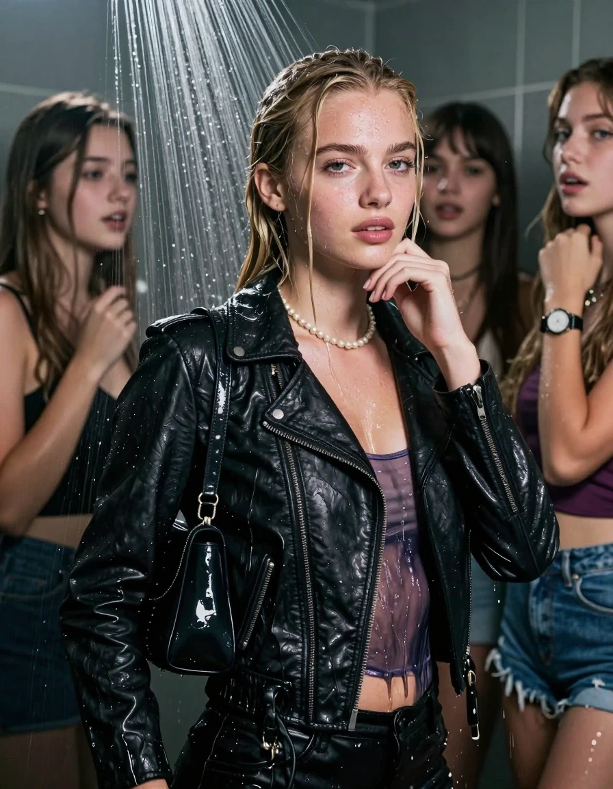 photo of young woman, in soaking wet, drenched clothes,
, , Biker leatherjacket, tight sexy top, shoulderbag, pearl necklace, bracelet, wristwatch, Under the shower, strong jet of water, party room, 
enjoying, wet clothes stuck to body,
detailed textures of the wet clothes, wet face, wet plastered hair,
wet, drenched, professional, high-quality details, full body view.
sharp focus, ultra-high pixel detail, realistic, high-quality, full colors, incredibly detailed, 4k, 8k, 16k, hyper-realistic, RAW photo, masterpiece, ultra-detailed, professionally color graded, professional photograph, Blonde Sleek long ponytail with bangs

 15 years old  school girl and her female  friends
Looking at camera. Hand on her chin.

The girls wear different clothes.

she is completely underwater up to her neck, horny and in ecstacy. 

her clothing is soaking wet and clinging tightly to her skin, showing heavy wet folds, darkened fabric texture, and deep water-saturated Patches, her clothes are heavy from the water, water runs from her body and her clothes in streams. A lot of water also runs out of her clothes. Her clothes are darkened by the water. Her submerged clothes are good visible under the water.  she soaked her handbag into the water.

close up view, wet skin, wet clothes, wet hair, damp fabric, water runs down the clothes, wet skin, wet clothes, damp fabric. cinematic medium shot, hyper-realistic wetness, high-contrast water sheen, sharp focus, 16k resolution, professional photography, realistic water physics., wet skin, wet clothes, damp fabric, wet skin, wet clothes, damp fabric, wet skin, wet clothes, damp fabric, wet skin, wet clothes, damp fabric, wet skin, wet clothes, damp fabric, wet skin, wet clothes, damp fabric, wet skin, wet clothes, damp fabric