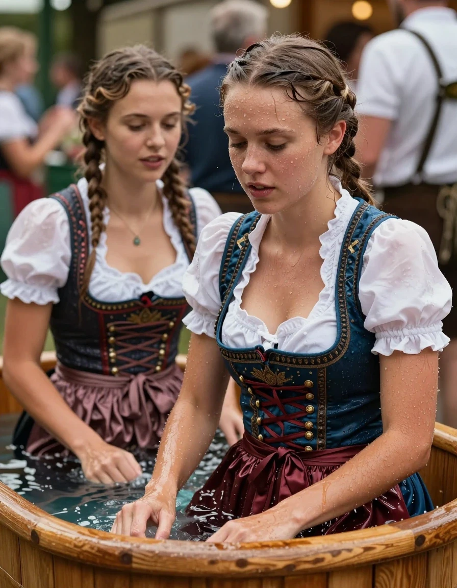 photo of young woman, in soaking wet, drenched clothes,
nothing, nothing, dirndl with white blouse, wooden bath tube, background oktoberfest, 
enjoying, wet clothes stuck to body,
detailed textures of the wet clothes, wet face, wet plastered hair,
wet, drenched, professional, high-quality details, full body view.
sharp focus, ultra-high pixel detail, realistic, high-quality, full colors, incredibly detailed, 4k, 8k, 16k, hyper-realistic, RAW photo, masterpiece, ultra-detailed, professionally color graded, professional photograph, Zwei Frauen in Dirndl  tauchen  in der bath tube unter. zeige den Moment wenn beide wieder auftauchen. die dirndl  der Frauen sind komplett nass. die blusen kleben am Körper., wet skin, wet clothes, damp fabric