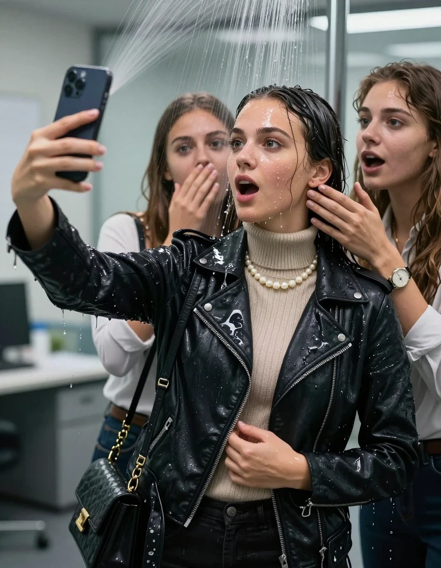 photo of young woman, in soaking wet, drenched clothes,
, , Biker leatherjacket, knit turtleneck sweater belly free, handbag, pearl necklace, bracelet, wristwatch, Under the sprinkler at office, strong jet of water, 
enjoying, wet clothes stuck to body,
detailed textures of the wet clothes, wet face, wet plastered hair,
wet, drenched, professional, high-quality details, full body view.
sharp focus, ultra-high pixel detail, realistic, high-quality, full colors, incredibly detailed, 4k, 8k, 16k, hyper-realistic, RAW photo, masterpiece, ultra-detailed, professionally color graded, professional photograph, 15 years old  school girl and her friends. Completely soaked to the Skin.

Only head and shoulders are over the surface visible. One Hand Covers her friends mouth. Take a Selfie with her Smartphone.

The girls wear different clothes.

she is completely underwater up to her neck, surprised and astonished expression. 

her clothing is soaking wet and clinging tightly to her skin, showing heavy wet folds, darkened fabric texture, and deep water-saturated Patches, her clothes are heavy from the water, water runs from her body and her clothes in streams. A lot of water also runs out of her clothes. Her clothes are darkened by the water. Her submerged clothes are good visible under the water.  she soaked her handbag into the water.

close up view, wet skin, wet clothes, wet hair, damp fabric, water runs down the clothes, wet skin, wet clothes, damp fabric. cinematic medium shot, hyper-realistic wetness, high-contrast water sheen, sharp focus, 16k resolution, professional photography, realistic water physics., wet skin, wet clothes, damp fabric, wet skin, wet clothes, damp fabric, wet skin, wet clothes, damp fabric, wet skin, wet clothes, damp fabric, wet skin, wet clothes, damp fabric, wet skin, wet clothes, damp fabric, wet skin, wet clothes, damp fabric