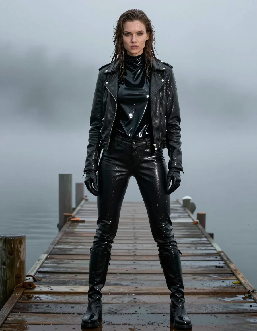 A photorealistic full-body shot of a young adult European woman with long, dripping wet brown hair, standing on a wooden pier at the docks amidst heavy, swirling mist. She is drenched, with water glistening on her skin and soaking her layered clothing. She wears an oversize black vinyl polar neck shirt with a high-gloss reflective sheen, layered under a rugged black biker leather jacket, and black leather gloves on both hands. She is wearing black leather jeans that appear heavy and saturated with water, showing deep creases and a subtle wet sheen. On her feet are black leather knee-high boots. The entire outfit is damp, with the fabric clinging to her frame, showing heavy wet folds and realistic weight. The lighting is moody and atmospheric, emphasizing the wet textures, the dark glossy surfaces of the vinyl and leather, and the moisture-heavy environment. The scene is strictly non-nude, focusing on high-detail fashion photography, sharp focus, 8k resolution, cinematic lighting, and realistic skin texture with visible water droplets.