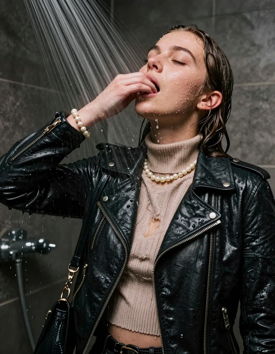 photo of young woman, in soaking wet, drenched clothes,
, , Biker leatherjacket, knit turtleneck sweater belly free, handbag, pearl necklace, bracelet, wristwatch, Under the shower, strong jet of water, party room, 
enjoying, wet clothes stuck to body,
detailed textures of the wet clothes, wet face, wet plastered hair,
wet, drenched, professional, high-quality details, full body view.
sharp focus, ultra-high pixel detail, realistic, high-quality, full colors, incredibly detailed, 4k, 8k, 16k, hyper-realistic, RAW photo, masterpiece, ultra-detailed, professionally color graded, professional photograph, Collarbone bob

 15 years old  school girl

Only head and shoulders are over the surface visible. Open mouth, closed eyes. Looking up. One Hand down. One Hand on her mouth.

The girls wear different clothes.

she is completely underwater up to her neck, surprised and astonished expression. 

her clothing is soaking wet and clinging tightly to her skin, showing heavy wet folds, darkened fabric texture, and deep water-saturated Patches, her clothes are heavy from the water, water runs from her body and her clothes in streams. A lot of water also runs out of her clothes. Her clothes are darkened by the water. Her submerged clothes are good visible under the water.  she soaked her handbag into the water.

close up view, wet skin, wet clothes, wet hair, damp fabric, water runs down the clothes, wet skin, wet clothes, damp fabric. cinematic medium shot, hyper-realistic wetness, high-contrast water sheen, sharp focus, 16k resolution, professional photography, realistic water physics., wet skin, wet clothes, damp fabric, wet skin, wet clothes, damp fabric, wet skin, wet clothes, damp fabric, wet skin, wet clothes, damp fabric, wet skin, wet clothes, damp fabric, wet skin, wet clothes, damp fabric