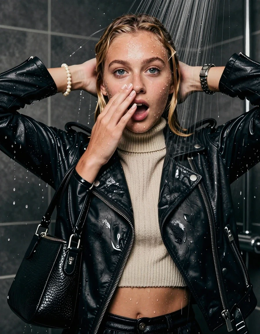 photo of young woman, in soaking wet, drenched clothes,
, , Biker leatherjacket, knit turtleneck sweater belly free, handbag, pearl necklace, bracelet, wristwatch, Under the shower, strong jet of water, party room, 
enjoying, wet clothes stuck to body,
detailed textures of the wet clothes, wet face, wet plastered hair,
wet, drenched, professional, high-quality details, full body view.
sharp focus, ultra-high pixel detail, realistic, high-quality, full colors, incredibly detailed, 4k, 8k, 16k, hyper-realistic, RAW photo, masterpiece, ultra-detailed, professionally color graded, professional photograph, Sleek Blonde Collarbone bob

 15 years old  school girl

Only head and shoulders are over the surface visible. Looking at camera. One Hand down. One Hand in front of her nose.

The girls wear different clothes.

she is completely underwater up to her neck, surprised and astonished expression. 

her clothing is soaking wet and clinging tightly to her skin, showing heavy wet folds, darkened fabric texture, and deep water-saturated Patches, her clothes are heavy from the water, water runs from her body and her clothes in streams. A lot of water also runs out of her clothes. Her clothes are darkened by the water. Her submerged clothes are good visible under the water.  she soaked her handbag into the water.

close up view, wet skin, wet clothes, wet hair, damp fabric, water runs down the clothes, wet skin, wet clothes, damp fabric. cinematic medium shot, hyper-realistic wetness, high-contrast water sheen, sharp focus, 16k resolution, professional photography, realistic water physics., wet skin, wet clothes, damp fabric, wet skin, wet clothes, damp fabric, wet skin, wet clothes, damp fabric, wet skin, wet clothes, damp fabric, wet skin, wet clothes, damp fabric, wet skin, wet clothes, damp fabric