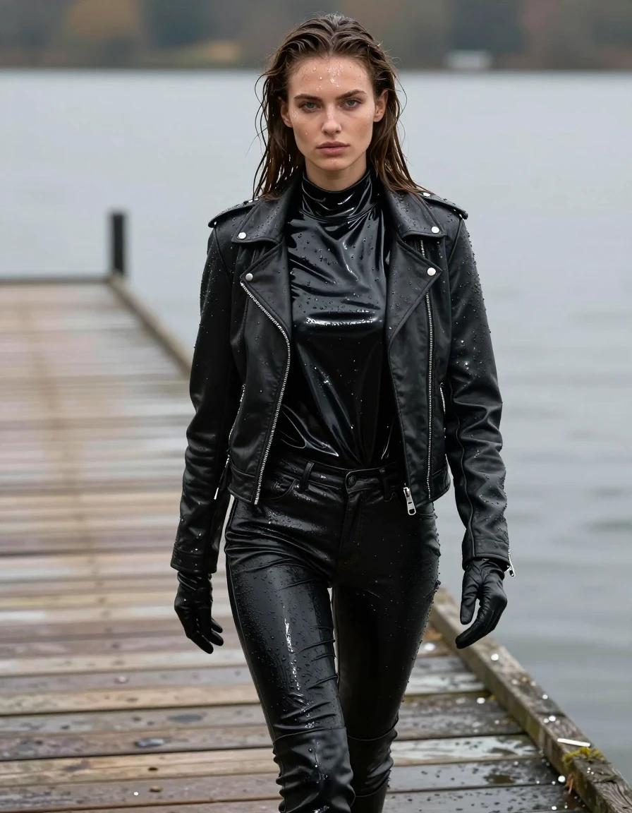 A hyper-realistic full-body portrait of a young adult European woman with long, dripping wet brown hair, standing on a wooden pier at a lake. Her skin is glistening with a realistic water sheen, and her clothes are heavily saturated. She is wearing an oversize black vinyl polar neck shirt with a high-gloss wet finish, layered under a black biker leather jacket, and black leather jeans that show heavy wet folds and clinging textures. She wears black leather gloves on both hands and black leather knee-high boots. The entire outfit is damp, clinging to her form, with darkened fabric tones and visible water droplets. The scene is captured with sharp focus, highlighting the glossy reflections on the vinyl and leather surfaces, contrasted against the dark, soaked textures of the clothing. High-resolution photography, natural ambient lighting, professional composition, clean anatomy, no nudity, no bare skin beyond face and hands.