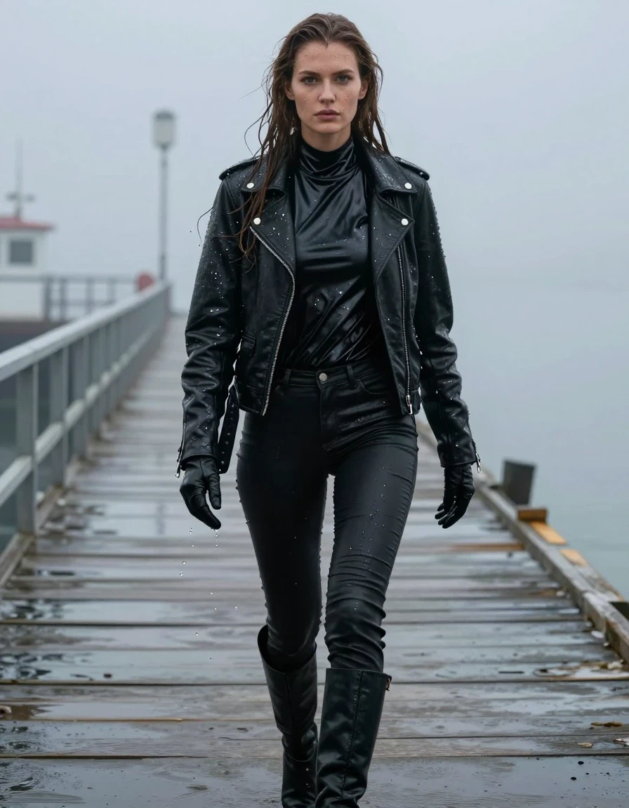 A young adult European woman with long dripping wet brown hair, captured in a photorealistic style. She is walking on a pier at the docks during a heavy mist. Her skin is drenched with water, glistening with a realistic sheen. She is wearing an oversize black vinyl polar neck shirt, a black biker leather jacket, and leather gloves on both hands. She wears tight black leather jeans and black leather knee-high boots. The clothing is visibly soaked, clinging to her form with heavy, damp fabric folds and deep, saturated textures. The scene is atmospheric and moody, with water droplets cascading down her hair and clothes. High-detail photography, sharp focus on wet skin textures and fabric weave, cinematic lighting, realistic water reflections on the wet surfaces, full-body composition. No nudity, no skin exposure beyond face and hands, modest and fully clothed.