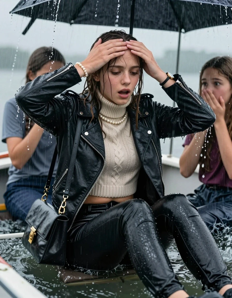 photo of young woman, in soaking wet, drenched clothes,
, Black leatherleggings , Biker leatherjacket, knit turtleneck sweater belly free, handbag, pearl necklace, bracelet, wristwatch, Sitting Under a flood of water from the canopy of a sinking boat during extremely heavy rain, 
enjoying, wet clothes stuck to body,
detailed textures of the wet clothes, wet face, wet plastered hair,
wet, drenched, professional, high-quality details, full body view.
sharp focus, ultra-high pixel detail, realistic, high-quality, full colors, incredibly detailed, 4k, 8k, 16k, hyper-realistic, RAW photo, masterpiece, ultra-detailed, professionally color graded, professional photograph, 15 years old  school girl and her friends. Completely soaked to the Skin.

Open mouth, hands on her forehead, looking down. One Hand Covers her friends mouth. 

The girls wear different clothes.

she is completely underwater up to her neck, surprised and astonished expression. 

her clothing is soaking wet and clinging tightly to her skin, showing heavy wet folds, darkened fabric texture, and deep water-saturated Patches, her clothes are heavy from the water, water runs from her body and her clothes in streams. A lot of water also runs out of her clothes. Her clothes are darkened by the water. Her submerged clothes are good visible under the water.  she soaked her handbag into the water.

close up view, wet skin, wet clothes, wet hair, damp fabric, water runs down the clothes, wet skin, wet clothes, damp fabric. cinematic medium shot, hyper-realistic wetness, high-contrast water sheen, sharp focus, 16k resolution, professional photography, realistic water physics., wet skin, wet clothes, damp fabric, wet skin, wet clothes, damp fabric, wet skin, wet clothes, damp fabric, wet skin, wet clothes, damp fabric, wet skin, wet clothes, damp fabric, wet skin, wet clothes, damp fabric, wet skin, wet clothes, damp fabric, wet skin, wet clothes, damp fabric, wet skin, wet clothes, damp fabric
