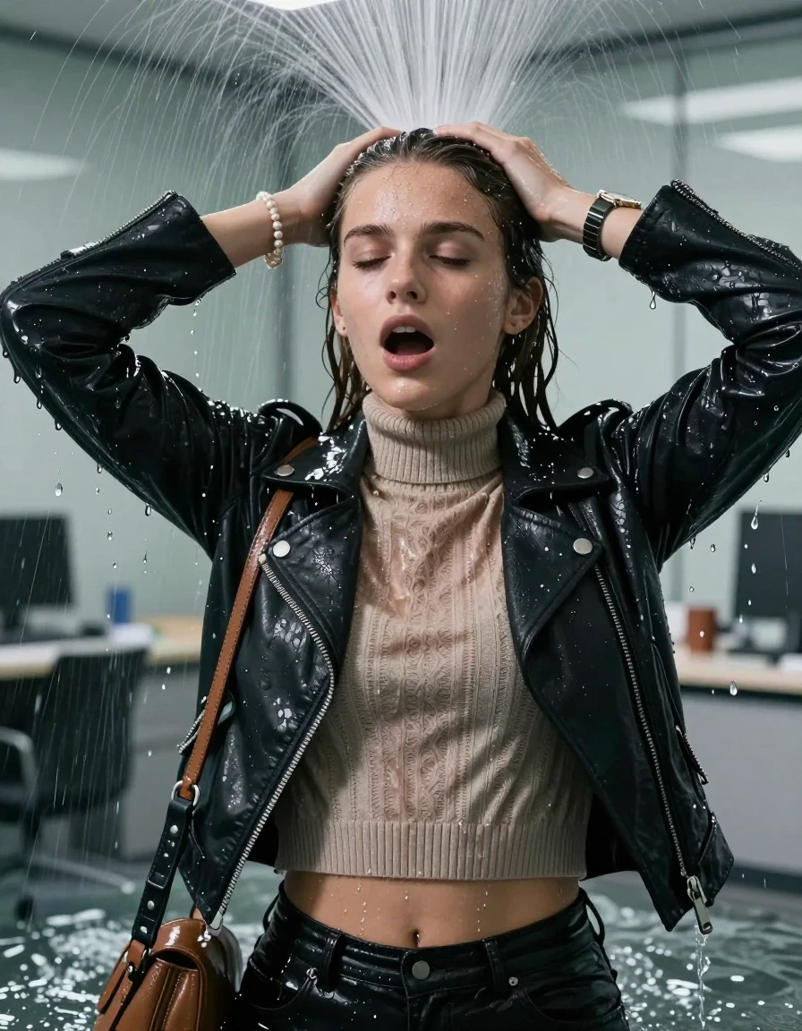 photo of young woman, in soaking wet, drenched clothes,
, , Biker leatherjacket, knit turtleneck sweater belly free, handbag, pearl necklace, bracelet, wristwatch, Under the sprinkler at office, strong jet of water, 
enjoying, wet clothes stuck to body,
detailed textures of the wet clothes, wet face, wet plastered hair,
wet, drenched, professional, high-quality details, full body view.
sharp focus, ultra-high pixel detail, realistic, high-quality, full colors, incredibly detailed, 4k, 8k, 16k, hyper-realistic, RAW photo, masterpiece, ultra-detailed, professionally color graded, professional photograph, 15 years old  school girl and her friends. Completely soaked to the Skin.

Only head and shoulders are over the surface visible. Open mouth, closed eyes. Hands over her head. 

The girls wear different clothes.

she is completely underwater up to her neck, surprised and astonished expression. 

her clothing is soaking wet and clinging tightly to her skin, showing heavy wet folds, darkened fabric texture, and deep water-saturated Patches, her clothes are heavy from the water, water runs from her body and her clothes in streams. A lot of water also runs out of her clothes. Her clothes are darkened by the water. Her submerged clothes are good visible under the water.  she soaked her handbag into the water.

close up view, wet skin, wet clothes, wet hair, damp fabric, water runs down the clothes, wet skin, wet clothes, damp fabric. cinematic medium shot, hyper-realistic wetness, high-contrast water sheen, sharp focus, 16k resolution, professional photography, realistic water physics., wet skin, wet clothes, damp fabric, wet skin, wet clothes, damp fabric, wet skin, wet clothes, damp fabric, wet skin, wet clothes, damp fabric, wet skin, wet clothes, damp fabric, wet skin, wet clothes, damp fabric, wet skin, wet clothes, damp fabric