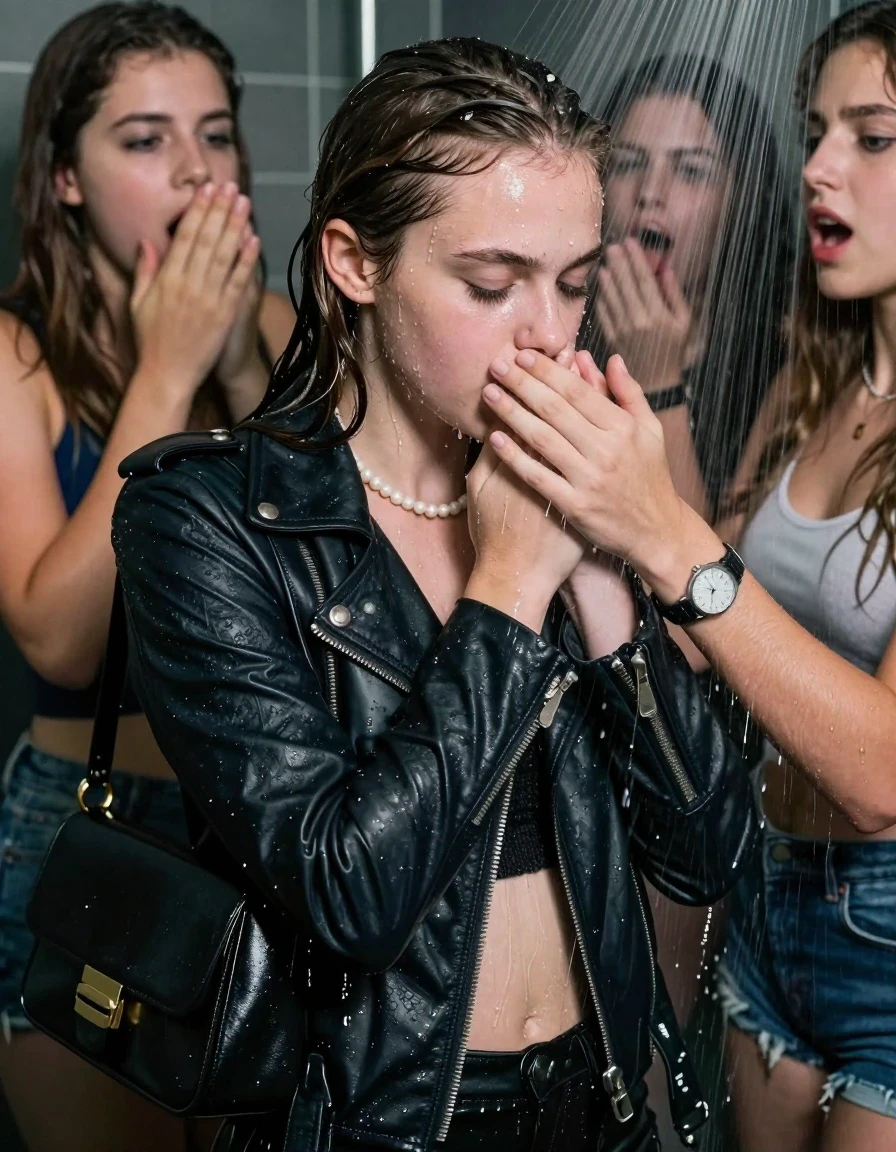 photo of young woman, in soaking wet, drenched clothes,
, , Biker leatherjacket, sweater belly free, shoulderbag, pearl necklace, bracelet, wristwatch, Orgasm Under the shower, strong jet of water, party room, 
enjoying, wet clothes stuck to body,
detailed textures of the wet clothes, wet face, wet plastered hair,
wet, drenched, professional, high-quality details, full body view.
sharp focus, ultra-high pixel detail, realistic, high-quality, full colors, incredibly detailed, 4k, 8k, 16k, hyper-realistic, RAW photo, masterpiece, ultra-detailed, professionally color graded, professional photograph, Sleek long ponytail with bangs

 15 years old  school girl and her female  friends

Only head and shoulders are over the surface visible. Looking down to the side. Open mouth, closed eyes. Her mouth is covered by her friends Hand. hugs her friend.

The girls wear different clothes. All girls have an orgasm. 

she is completely underwater up to her neck, surprised and astonished expression. 

her clothing is soaking wet and clinging tightly to her skin, showing heavy wet folds, darkened fabric texture, and deep water-saturated Patches, her clothes are heavy from the water, water runs from her body and her clothes in streams. A lot of water also runs out of her clothes. Her clothes are darkened by the water. Her submerged clothes are good visible under the water.  she soaked her handbag into the water.

close up view, wet skin, wet clothes, wet hair, damp fabric, water runs down the clothes, wet skin, wet clothes, damp fabric. cinematic medium shot, hyper-realistic wetness, high-contrast water sheen, sharp focus, 16k resolution, professional photography, realistic water physics., wet skin, wet clothes, damp fabric, wet skin, wet clothes, damp fabric, wet skin, wet clothes, damp fabric, wet skin, wet clothes, damp fabric, wet skin, wet clothes, damp fabric, wet skin, wet clothes, damp fabric, wet skin, wet clothes, damp fabric, wet skin, wet clothes, damp fabric