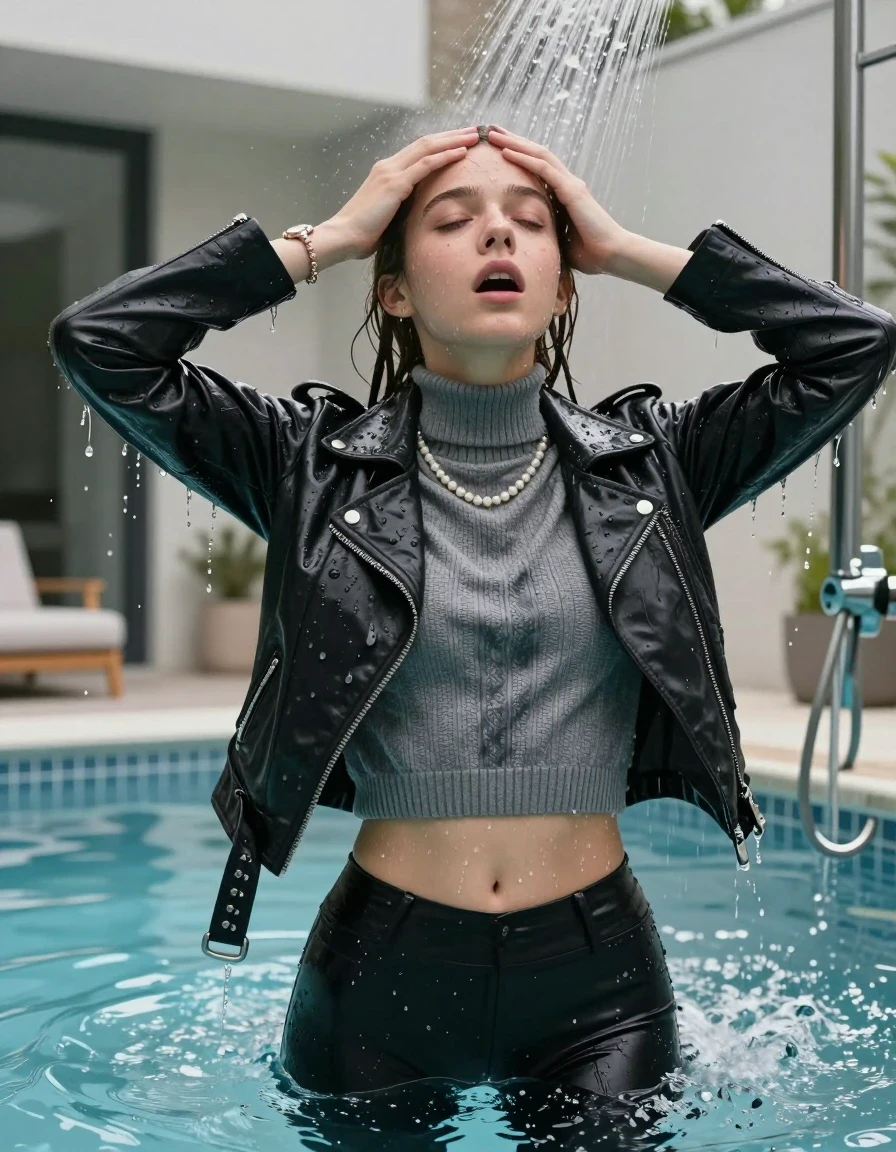 photo of young woman, in soaking wet, drenched clothes,
, Black leatherleggings , Biker leatherjacket, grey knit turtleneck sweater belly free, handbag, pearl necklace, bracelet, wristwatch, Orgasm Under the shower, strong jet of water, near indoor pool of a modern villa, 
enjoying, wet clothes stuck to body,
detailed textures of the wet clothes, wet face, wet plastered hair,
wet, drenched, professional, high-quality details, full body view.
sharp focus, ultra-high pixel detail, realistic, high-quality, full colors, incredibly detailed, 4k, 8k, 16k, hyper-realistic, RAW photo, masterpiece, ultra-detailed, professionally color graded, professional photograph, Topknot

 15 years old  school girl and her female  friends

Only head and shoulders are over the surface visible. Looking up. Open mouth, closed eyes. Hands on her forehead. Her mouth is covered by her friends Hand.

The girls wear different clothes.

she is completely underwater up to her neck, surprised and astonished expression. 

her clothing is soaking wet and clinging tightly to her skin, showing heavy wet folds, darkened fabric texture, and deep water-saturated Patches, her clothes are heavy from the water, water runs from her body and her clothes in streams. A lot of water also runs out of her clothes. Her clothes are darkened by the water. Her submerged clothes are good visible under the water.  she soaked her handbag into the water.

close up view, wet skin, wet clothes, wet hair, damp fabric, water runs down the clothes, wet skin, wet clothes, damp fabric. cinematic medium shot, hyper-realistic wetness, high-contrast water sheen, sharp focus, 16k resolution, professional photography, realistic water physics., wet skin, wet clothes, damp fabric, wet skin, wet clothes, damp fabric, wet skin, wet clothes, damp fabric, wet skin, wet clothes, damp fabric, wet skin, wet clothes, damp fabric, wet skin, wet clothes, damp fabric